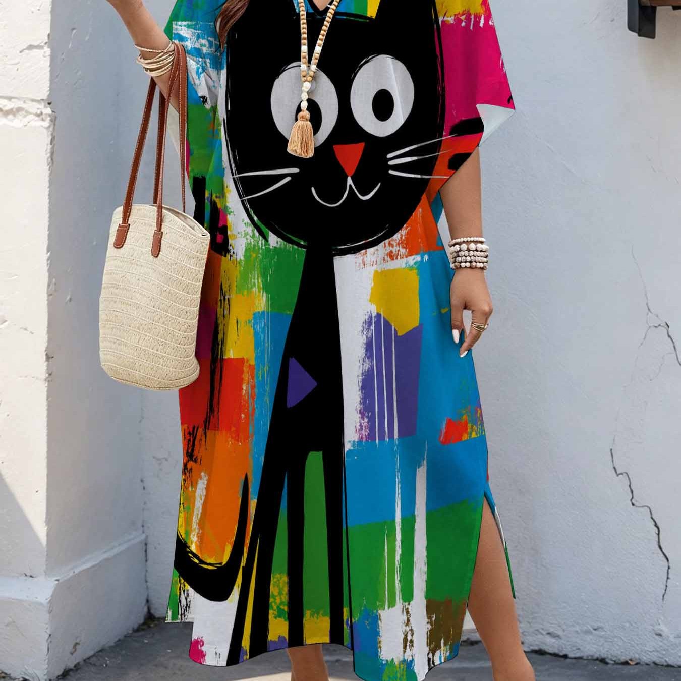 Image of Plus Size, Plus Size Women's 08xl Artistic Pop , Abstract Cat Print Maxi Dress, Batwing Sleeve Dress With Double Side Slits, Loose Casual Summer Dress For Curvy Women