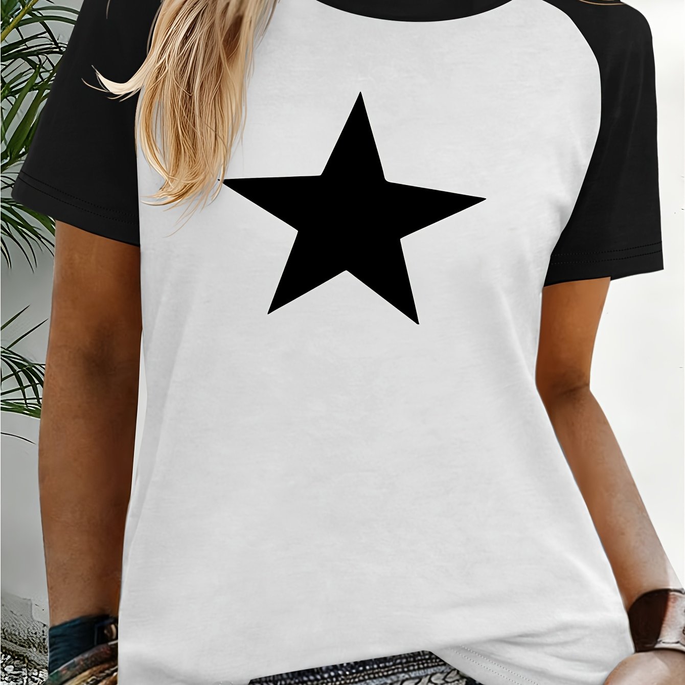 TEMU Star-shaped Star Pattern Printed Raglan Short-sleeve T-shirt, New Casual And , Versatile Women's 4743