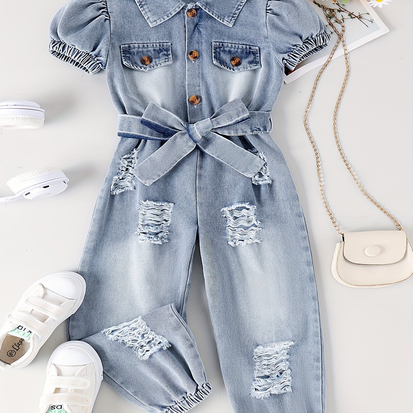 Image of Fashionable Summer Girls' Denim Short-sleeve Jumpsuit With Long Pants And Belt, Perfect For Outdoor