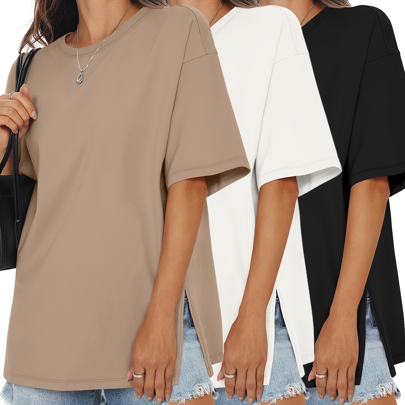 3pcs Oversized Women's Comfortable Basic Shirt, Round Neck Casual Side-slit Top, Fashion Loose Fit Short Sleeve T-shirt