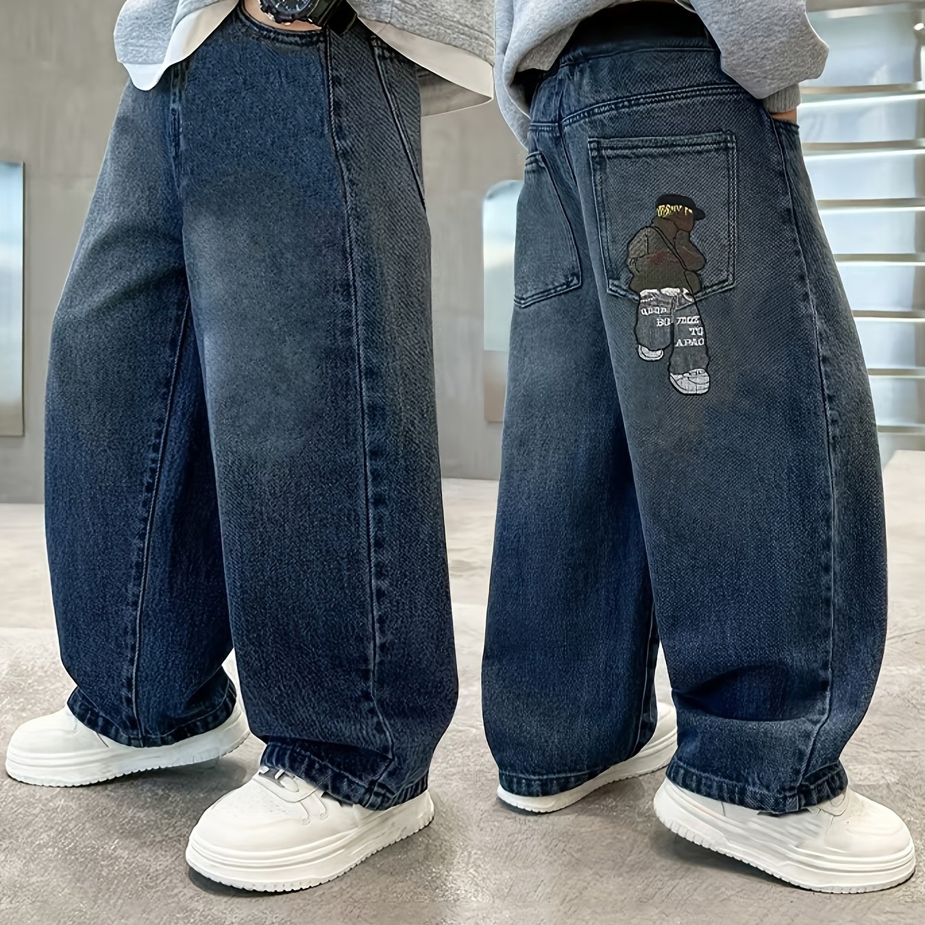 Image of 2025 New Boys' Blue Trendy Embroidered Cartoon Pattern Solid Dark Relaxed Waist Straight Loose Wide Leg Washed Denim Jeans Trousers Dad Jeans Outdoor Wear