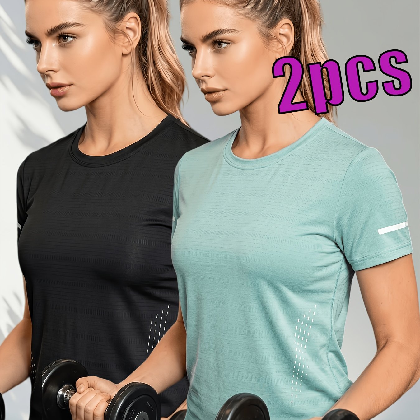 TEMU 2pcs Women's Quick-dry High-elastic T-shirt - Breathable Semi-sheer Short Sleeve Crew Neck Top With -fit & Geometric Print, Suitable For,, Wear,