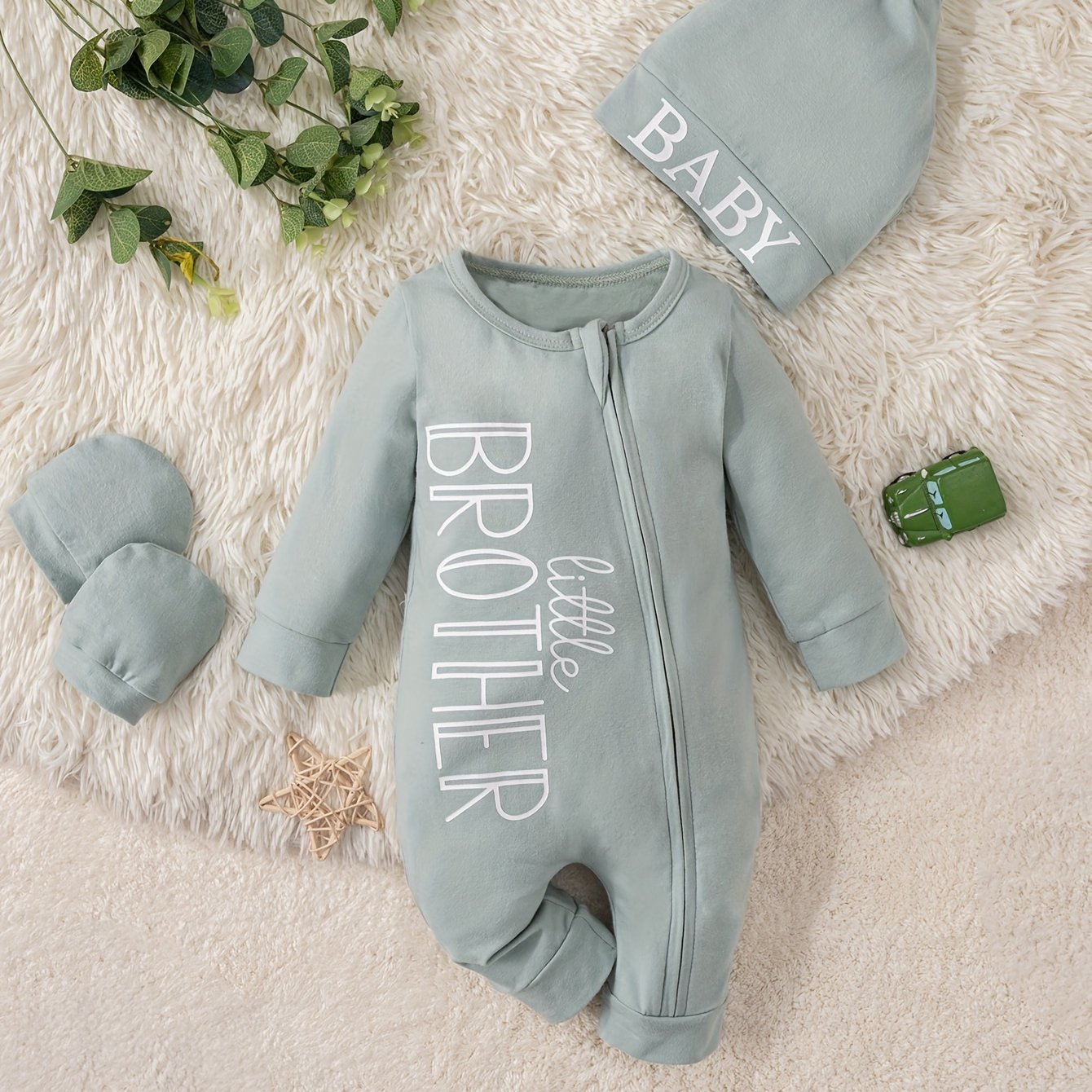 Image of Baby Boys' Clothes, Newborn Boys' Suit Set, Boys' Letter Print Zipper-patched Hat And Gloves 3pcs Set, Clothes For Little Boys, Perfect For Outdoor