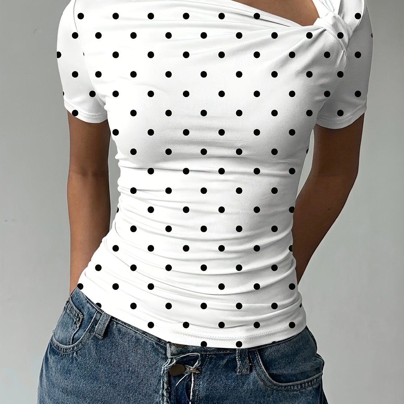 TEMU Haut Guangbeijing élégant à pois à points fixes, T-shirt décontracté et élégant pour femme à , asymétrique froncée, coupe ajustée, manches