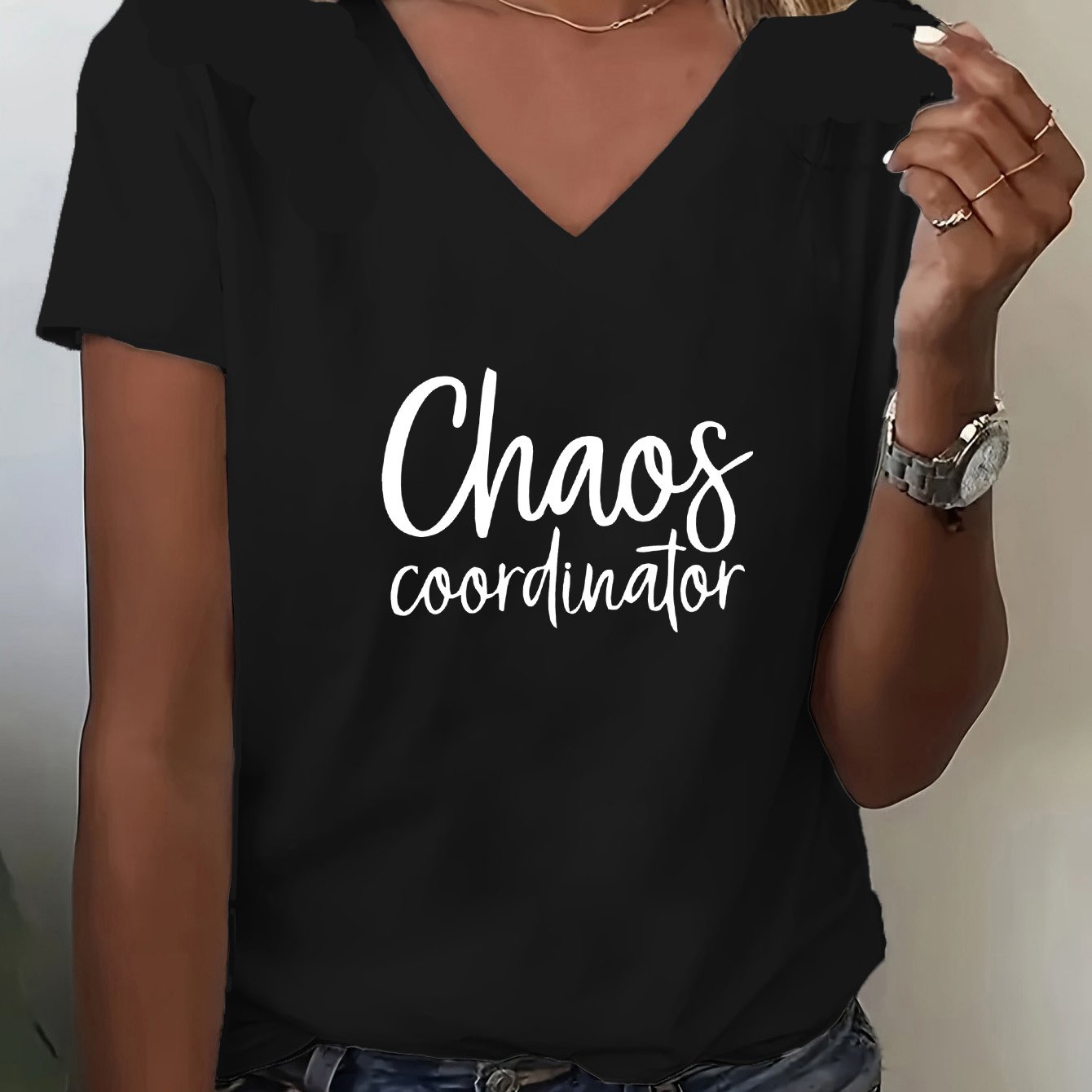 TEMU Women's Summer V-neck Short-sleeve T-shirt With Letter Print Design, Versatile And Made From Soft, Comfortable Fabric