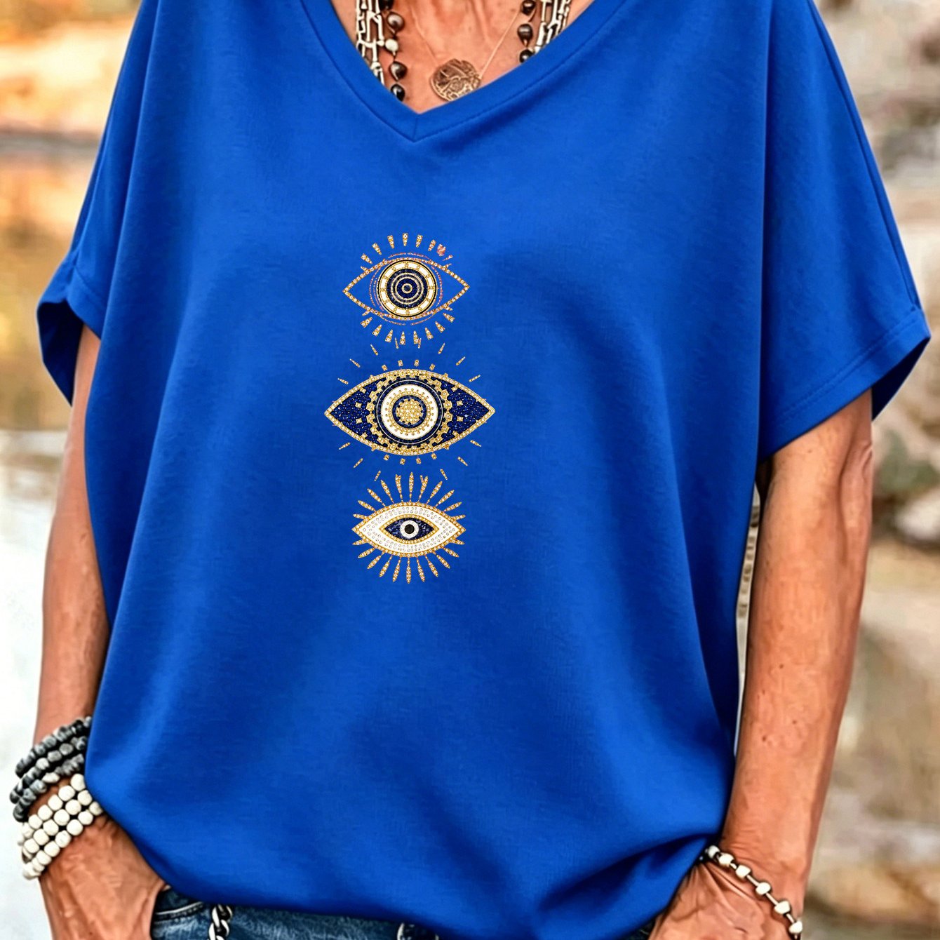 TEMU Plus Size, Plus Size Women's V Neck Batwing Sleeve T Shirt Evil Eye Protection Totem Print Oversized Curvy Casual Blouse Boho For Meditation