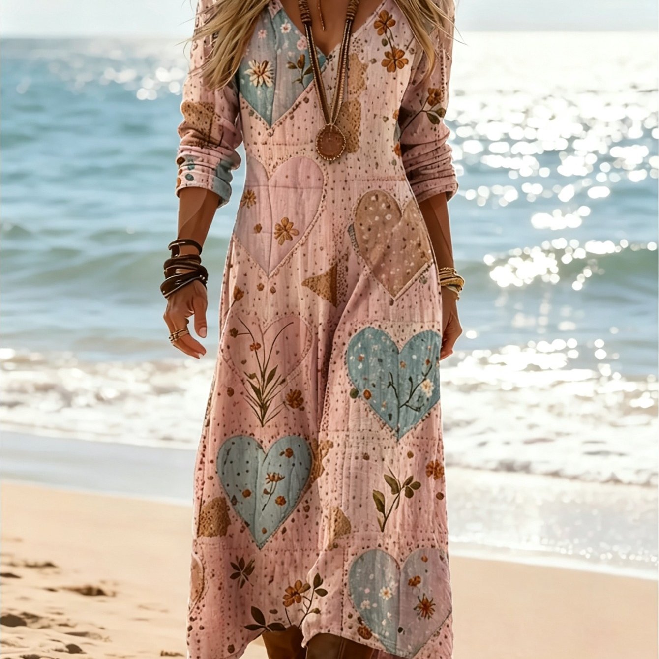 Image of New Retro Ethnic Style Dress, A-line Silhouette Elegant Tailoring, Dark Blue Tie-dye Base Color, Printing, V-neck Retro Casual Women's Dress, Suitable For Daily Wear, Walking, And Vacation Travel