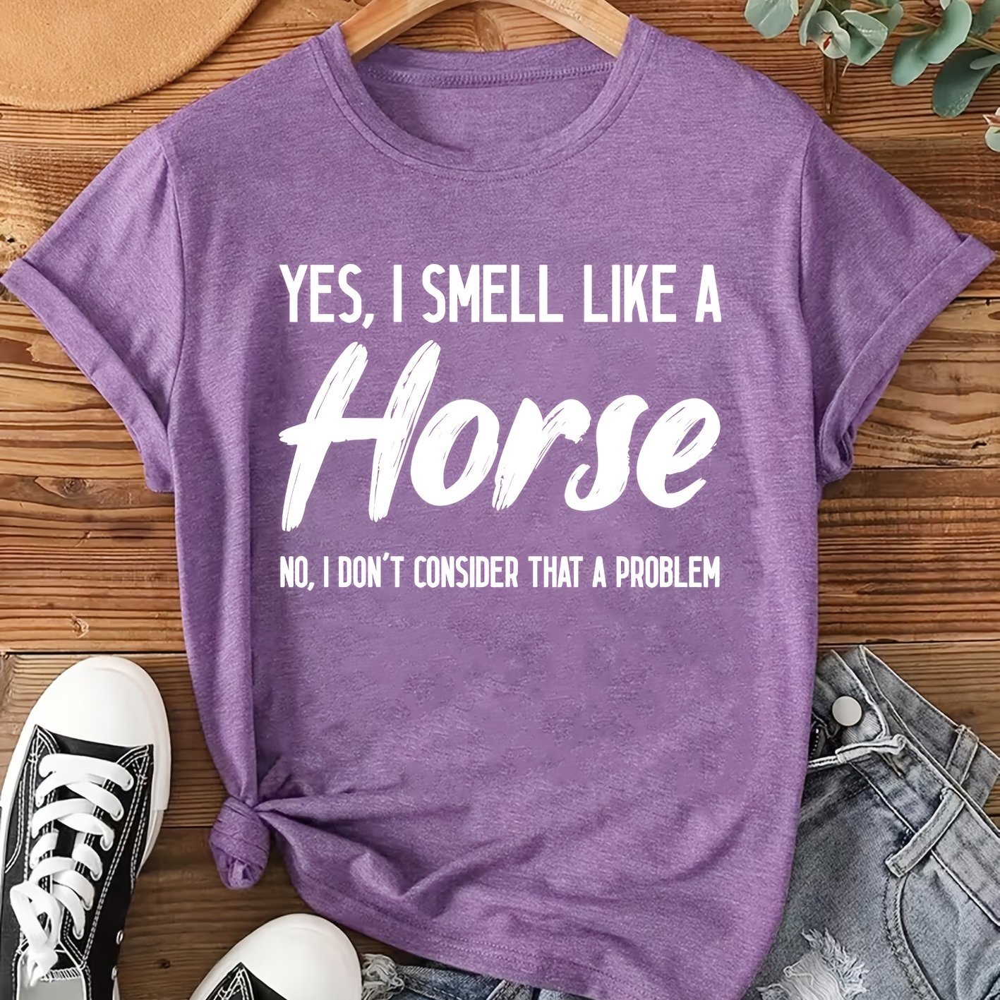 TEMU Women's Elegant Short-sleeve "yes, Like A Horse" Slogan Print Crew Neck T-shirt, Comfortable, Soft, And Breathable, New Style, Fashionable And