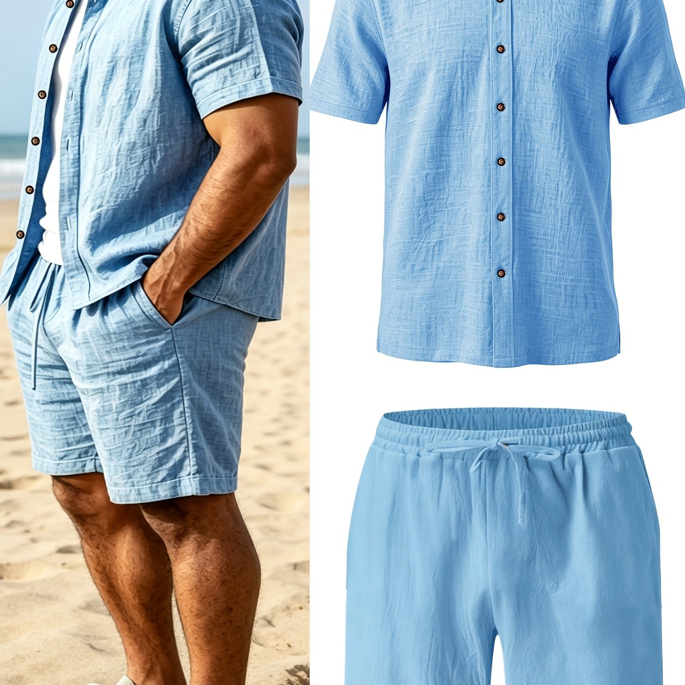 TEMU Herren-Leinen-Set: Kurzarmhemd + Shorts 2-teiliges Set, neuer Sommerstil, Stehkragen, einfarbig, atmungsaktiv, lässig, T-Shirt mit Stehkragen,
