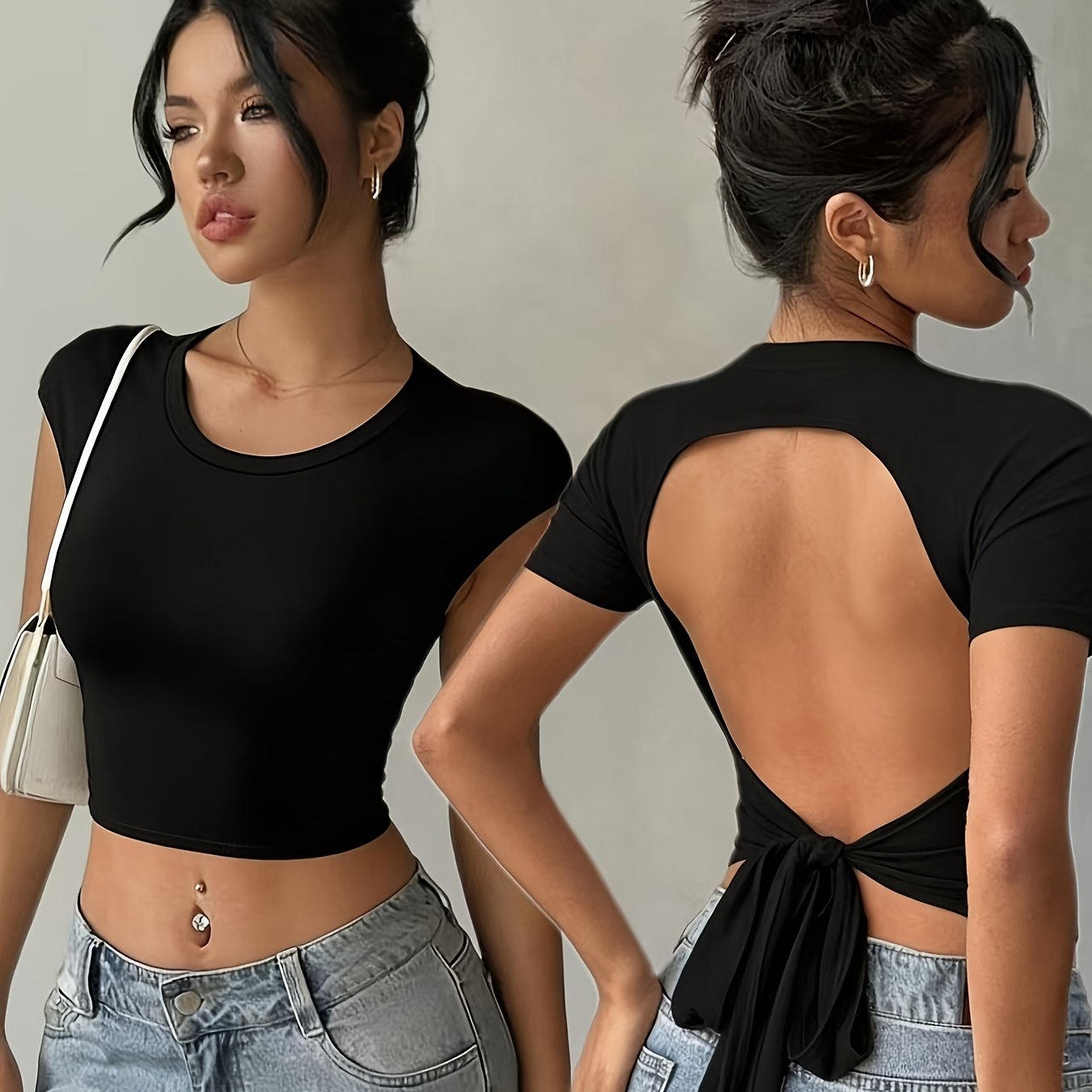 Image of A Beautiful And Elegant Short-sleeved Women's T-shirt With A Back Tie Design, A Stylish Cropped Top For Spring And Summer