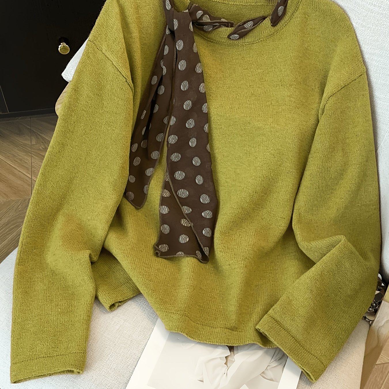 TEMU Romantic Polka Dot Scarf Long Sleeve Crew Neck Sweater, Autumn/winter Loose Fit Casual Soft Gentle Women's Top, Beautiful Sweater Suitable For
