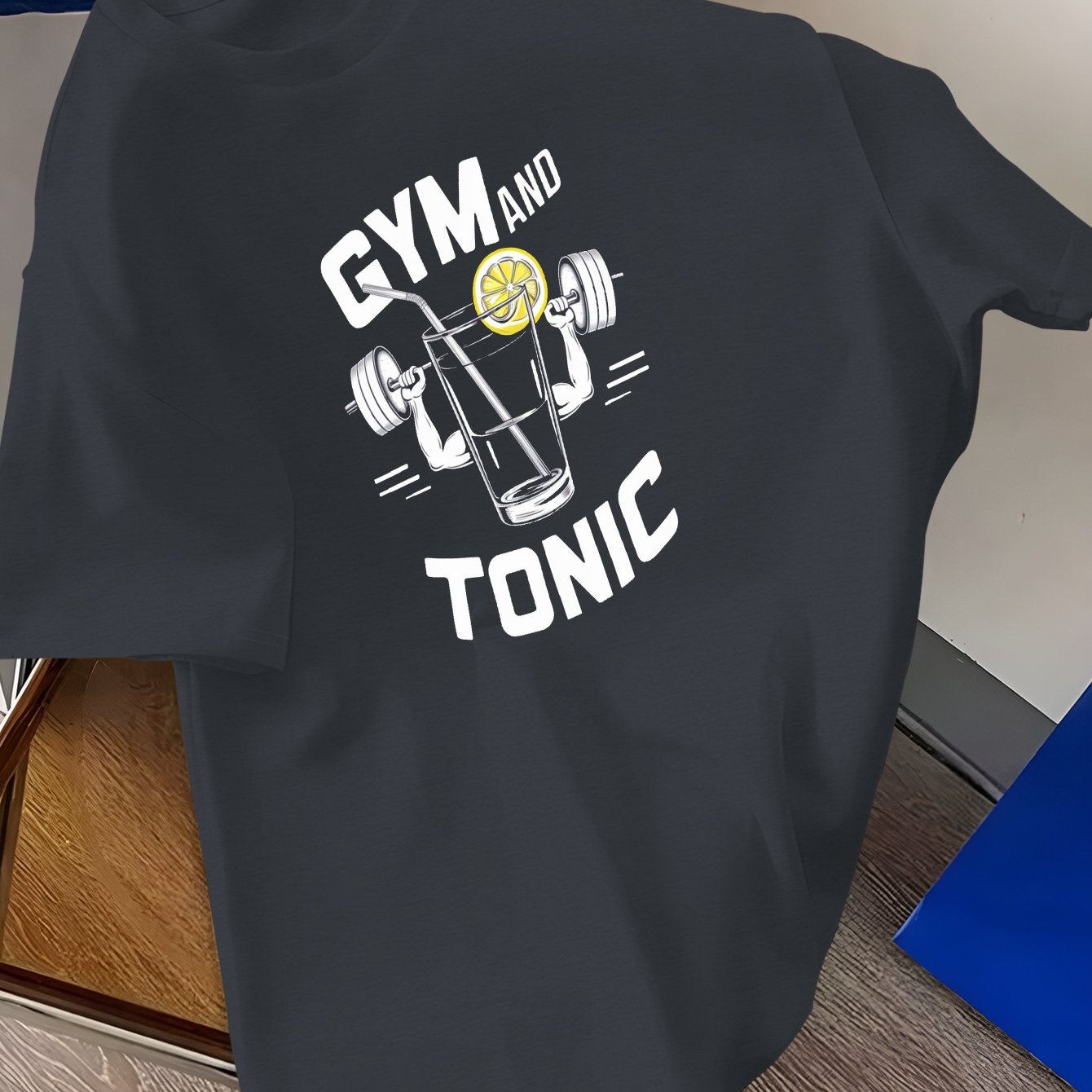 TEMU Gym & Tonic" Men's Casual Tee - Lightweight, Comfy Polyester Crew Neck T-shirt With Geometric Print For Summer, Barbell, Short Sleeve