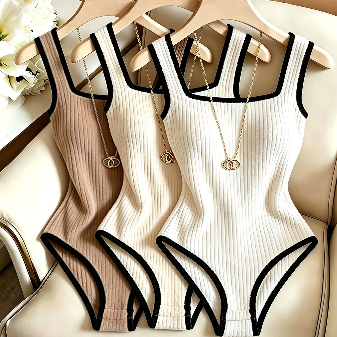 TEMU 3pcs Women's Ribbed Bodysuit Set, Fashionable Black Piped Square Neck Waist-cinching Style, Summer Nightlife Wear, Elegant Beach Vacation Casual