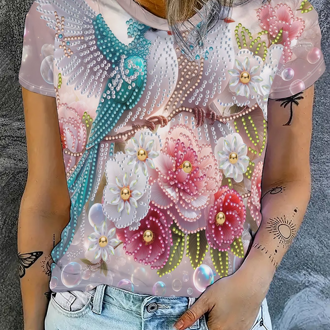 TEMU Short Sleeve T-shirt, Printed With Colorful Flowers And Birds With Bubbles, Embellished With Beads And Rhinestones, Fresh And Exquisite Style