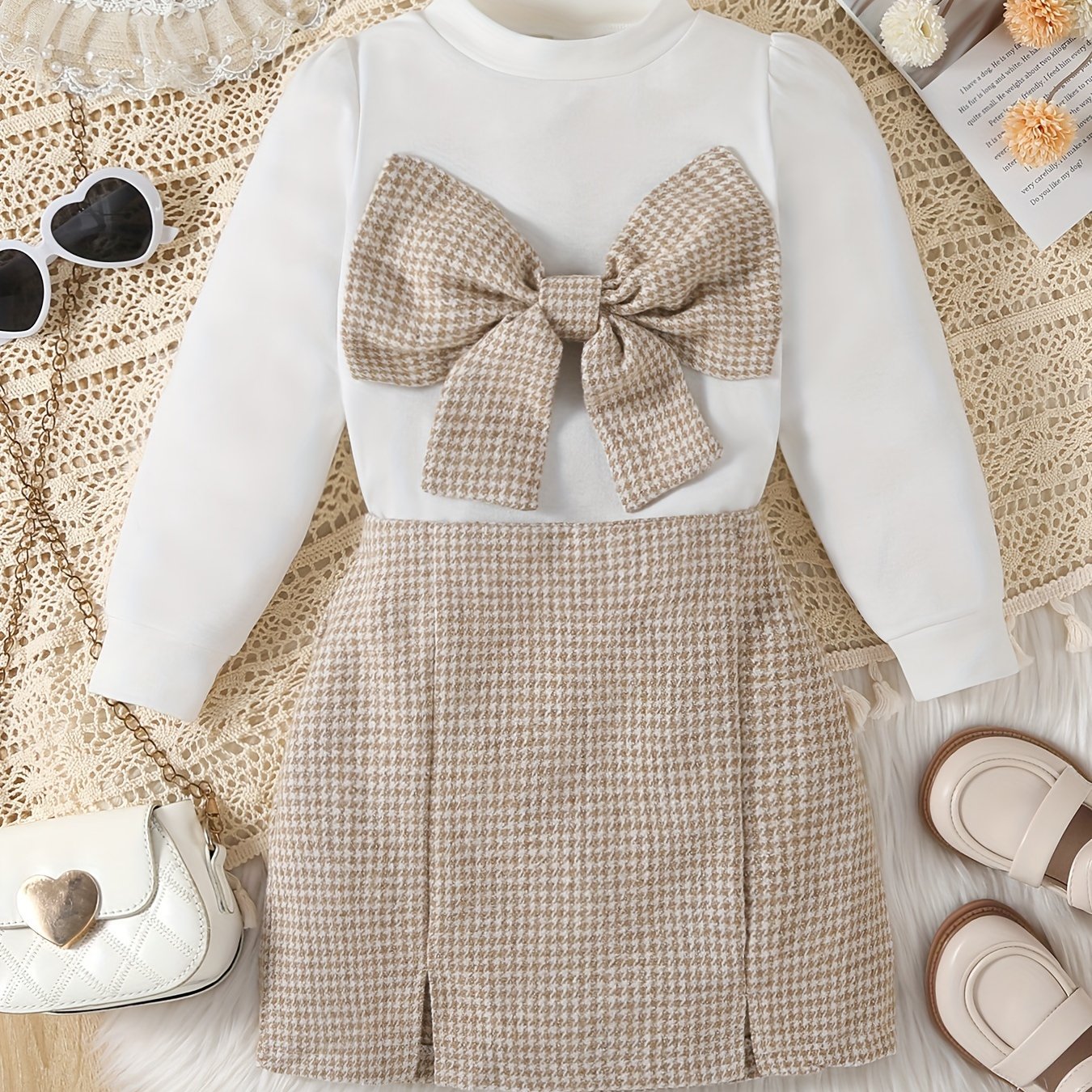 Image of Young Girl's Round Neck Long Sleeve Top With Bow And Skirt Casual Elegant Vintage Autumn Winter Two-piece Set