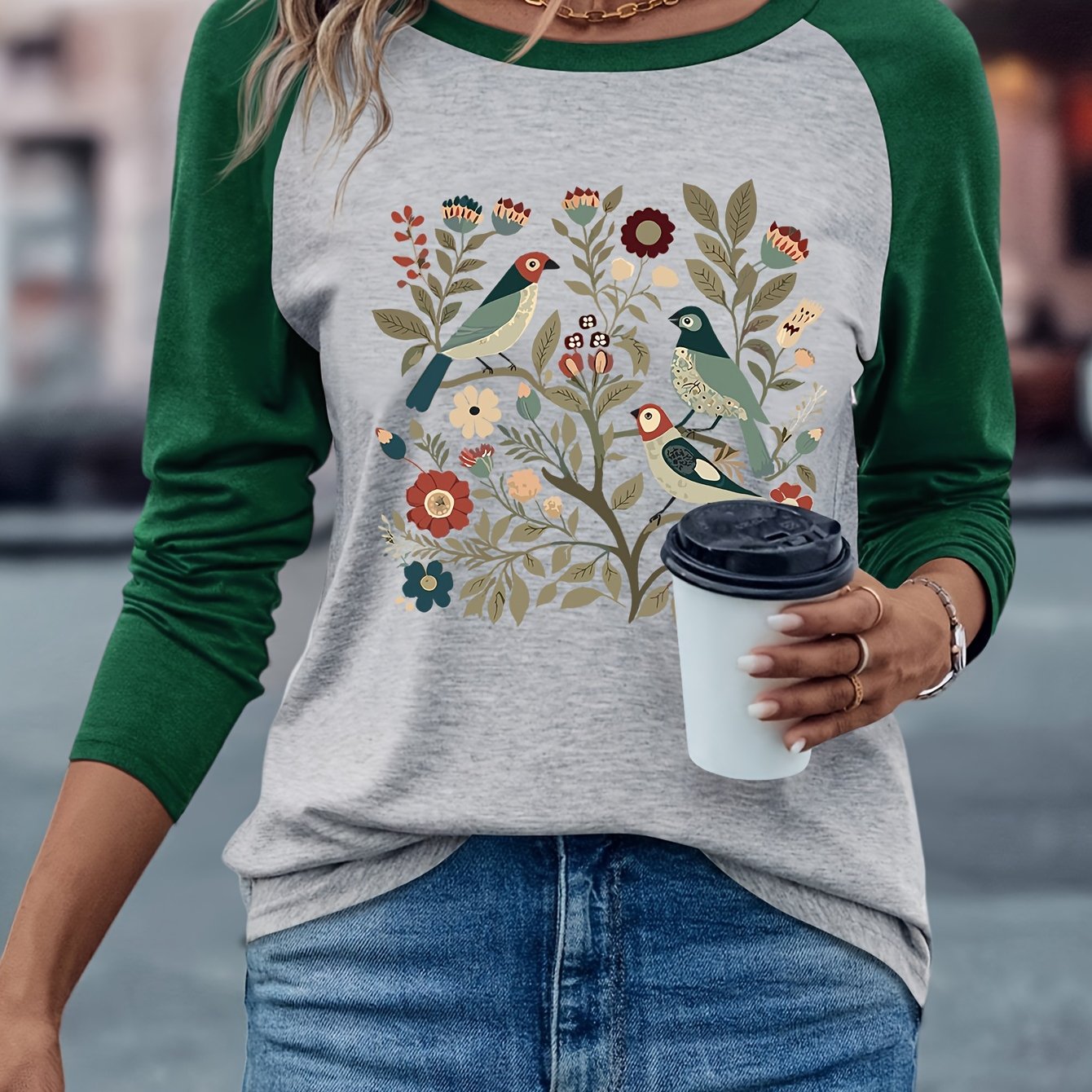 E-shop Damen-Freizeit-T-Shirt mit Rundhalsausschnitt, Raglan-Langarm, bequem für den , mit Blumen- Vogelmusterdruck, europäische amerikanische Mode