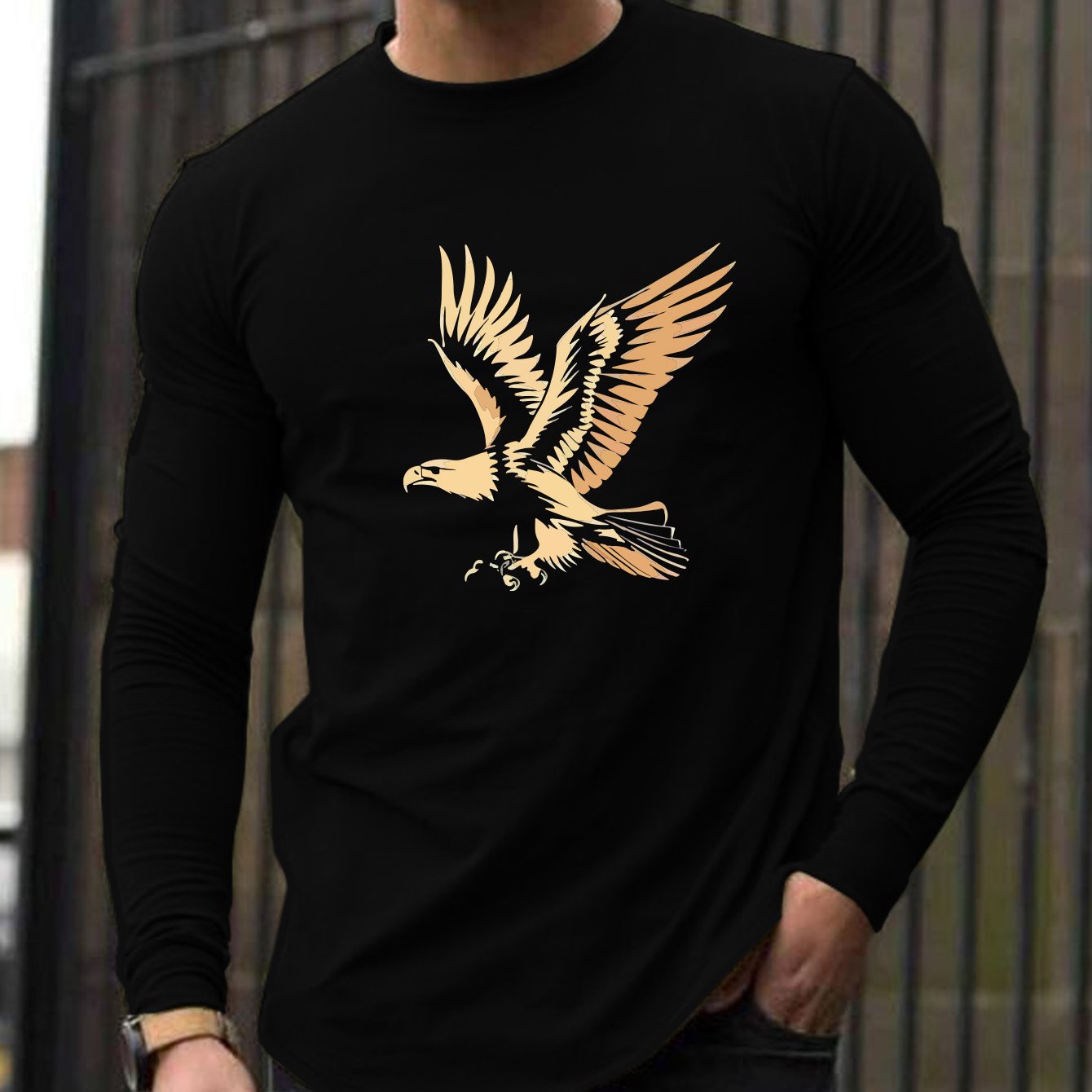TEMU Men's Golden Eagle Print Long-sleeve T-shirt - Casual Crew Neck With Golden Wings And Beak Design, Stretchy And Comfortable For Spring And