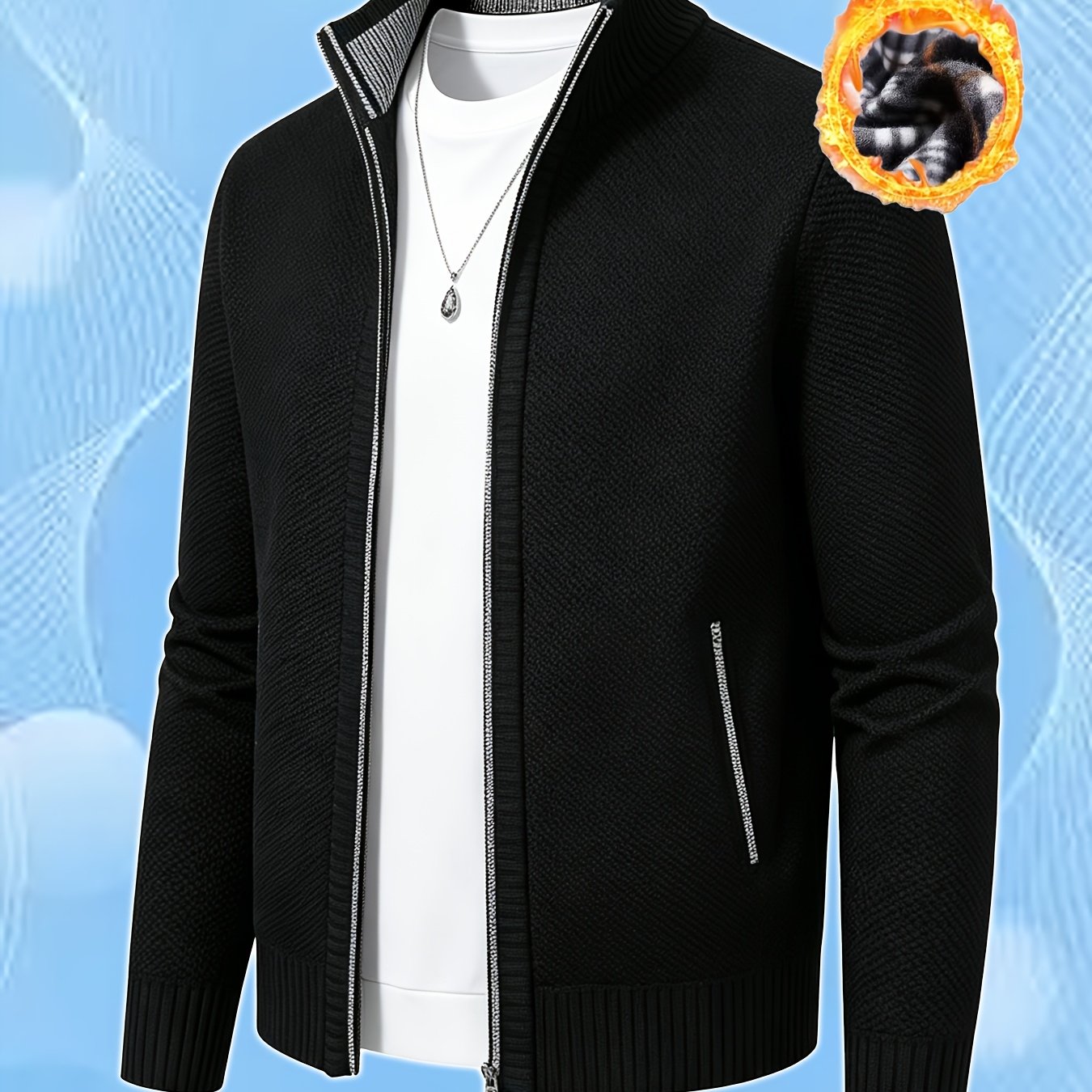 TEMU Men' Collar Long Sleeve Knit Sweater Jacket, Easy Zipper Design For And . Elastic Warm Fabric Suitable For , Leisure, And Sports Wear. (jacket )