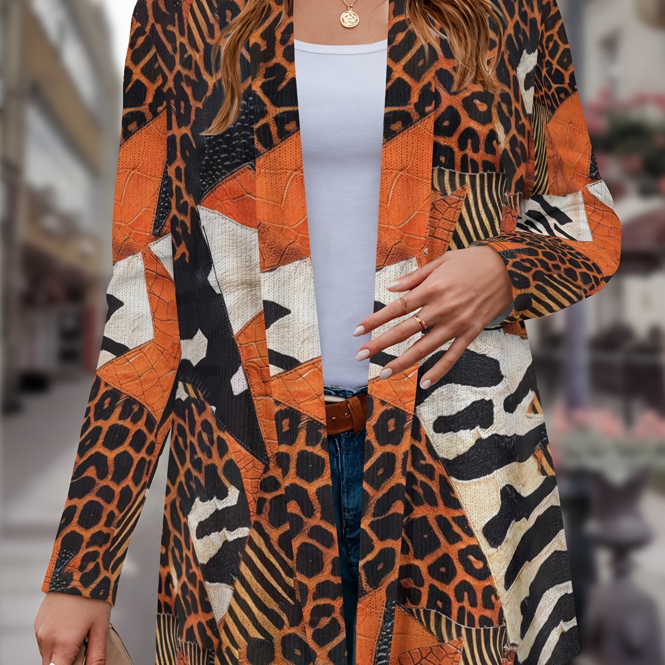 TEMU Comfortable, Trendy, Casual, Elegant, And Leopard Print Element Printed Pattern Standard Size Women's Flat-front Outer Jacket