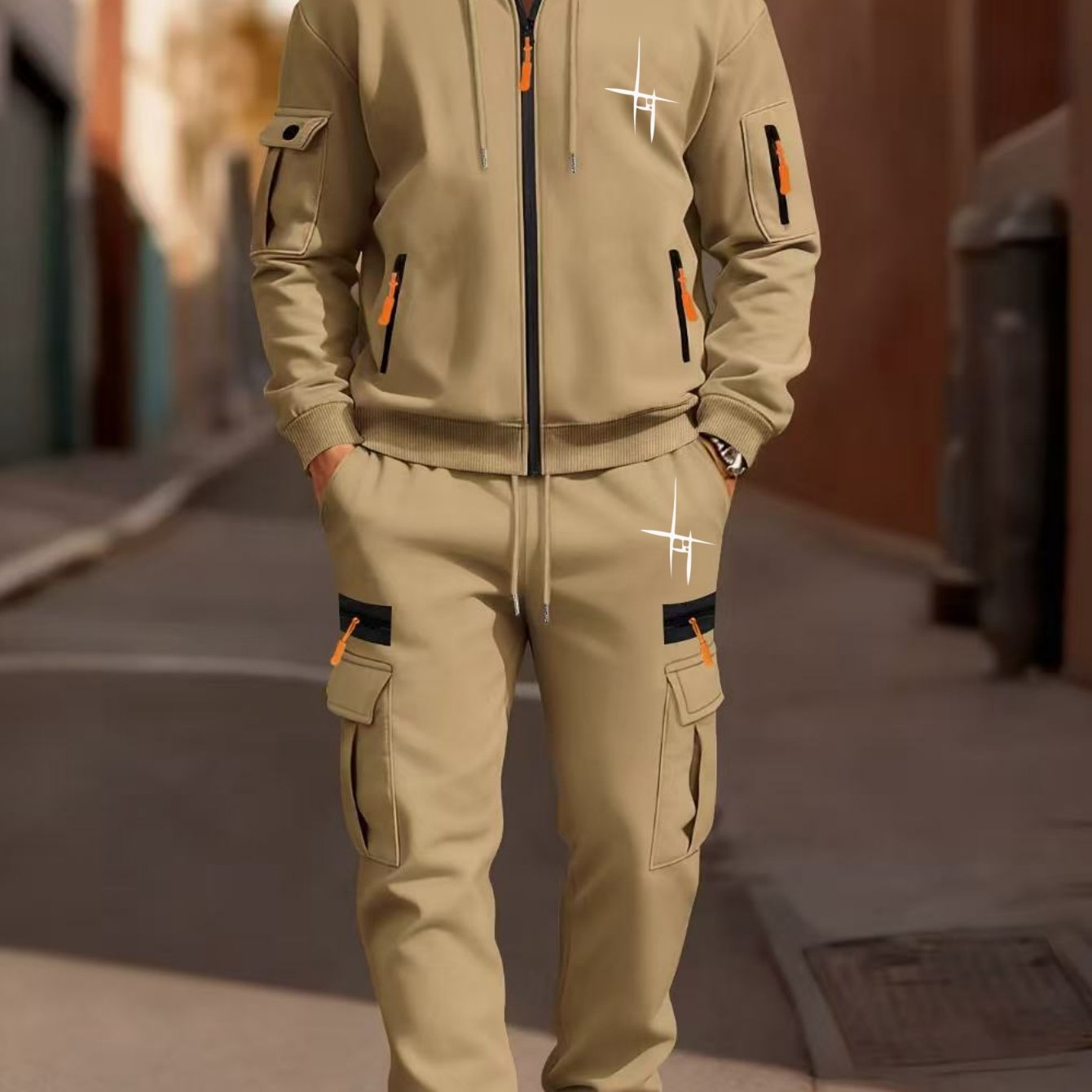 TEMU Men's Outdoor Leisure Workwear Set With Print, Featuring A Comfortable Zip-up Cardigan And Tapered Pants