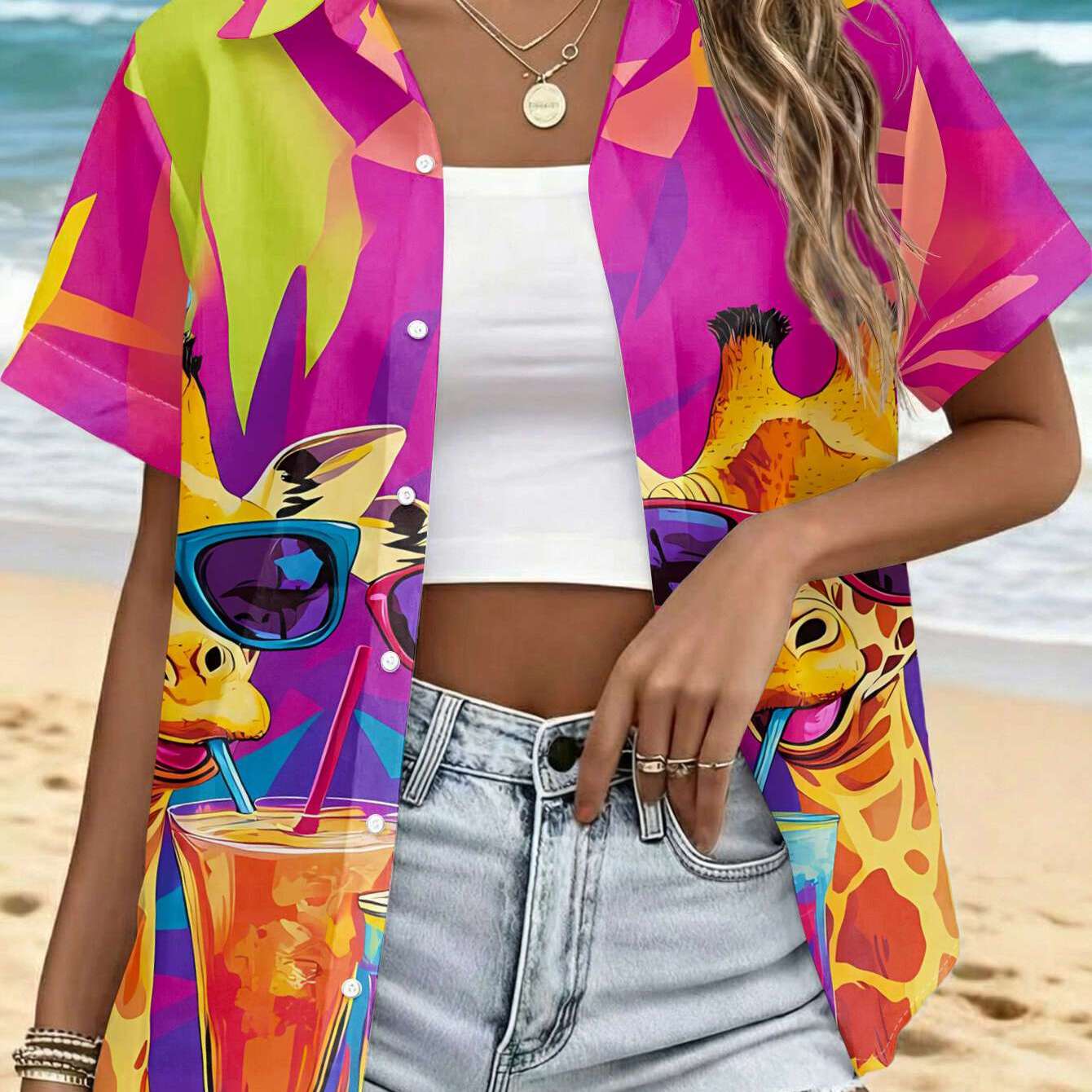 TEMU Women's Casual Short-sleeve Shirt With Fashion Glasses And Giraffe Cheers Print, Tropical-themed Vibrant Atmosphere, Machine Washable Top,