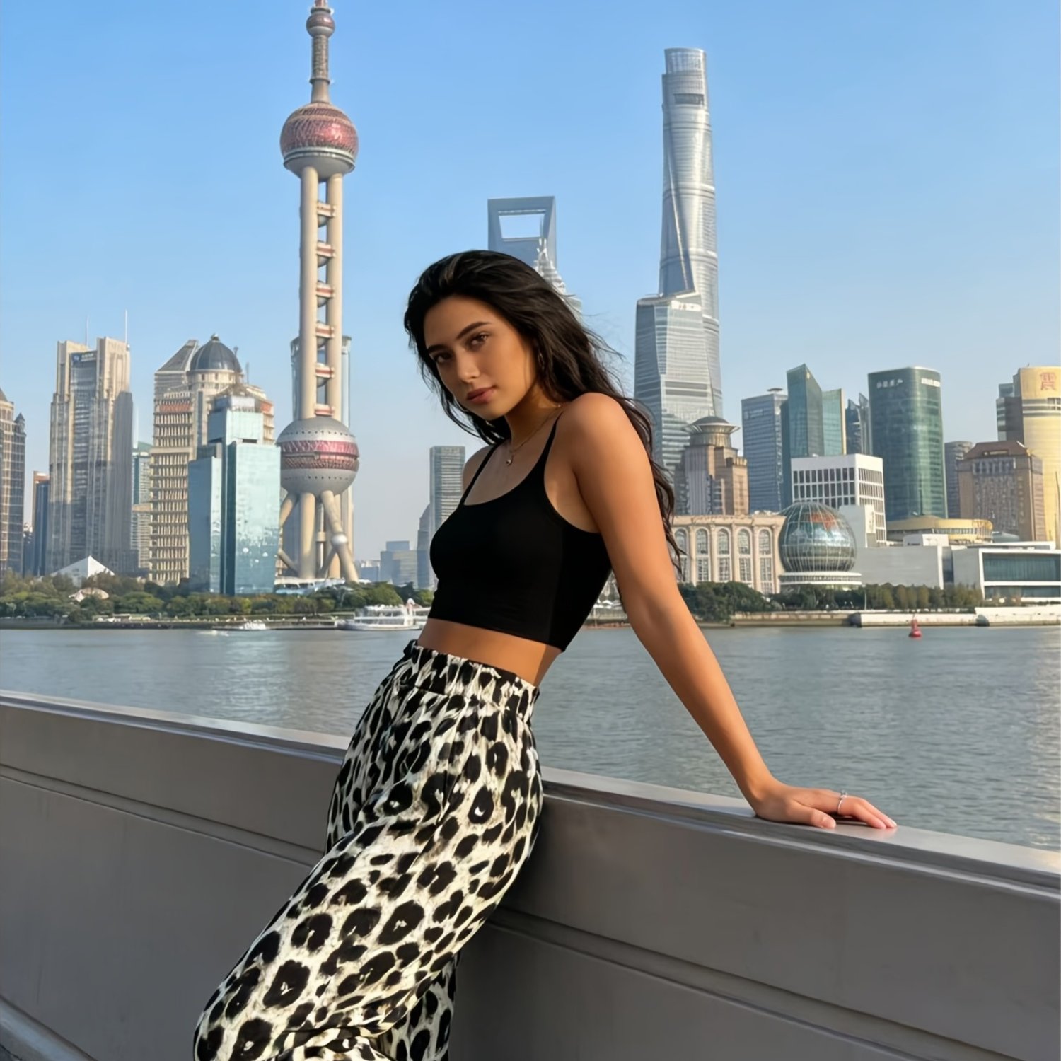 E-shop Damen High-Waist Leopard Print Hose mit elastischem Bund und Rüschenbündchen für Outdoor-Bekleidung