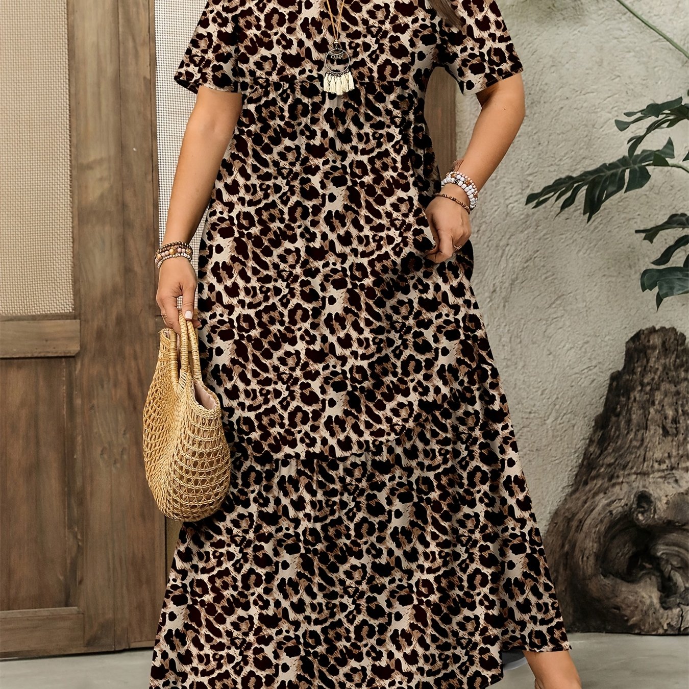 TEMU Plus Size, Plus Size Women's Dress, Casual Country Style Leopard Print Short Sleeve Loose Long Dress, Gift For Mom, , Women's Vacation Outfit, ,