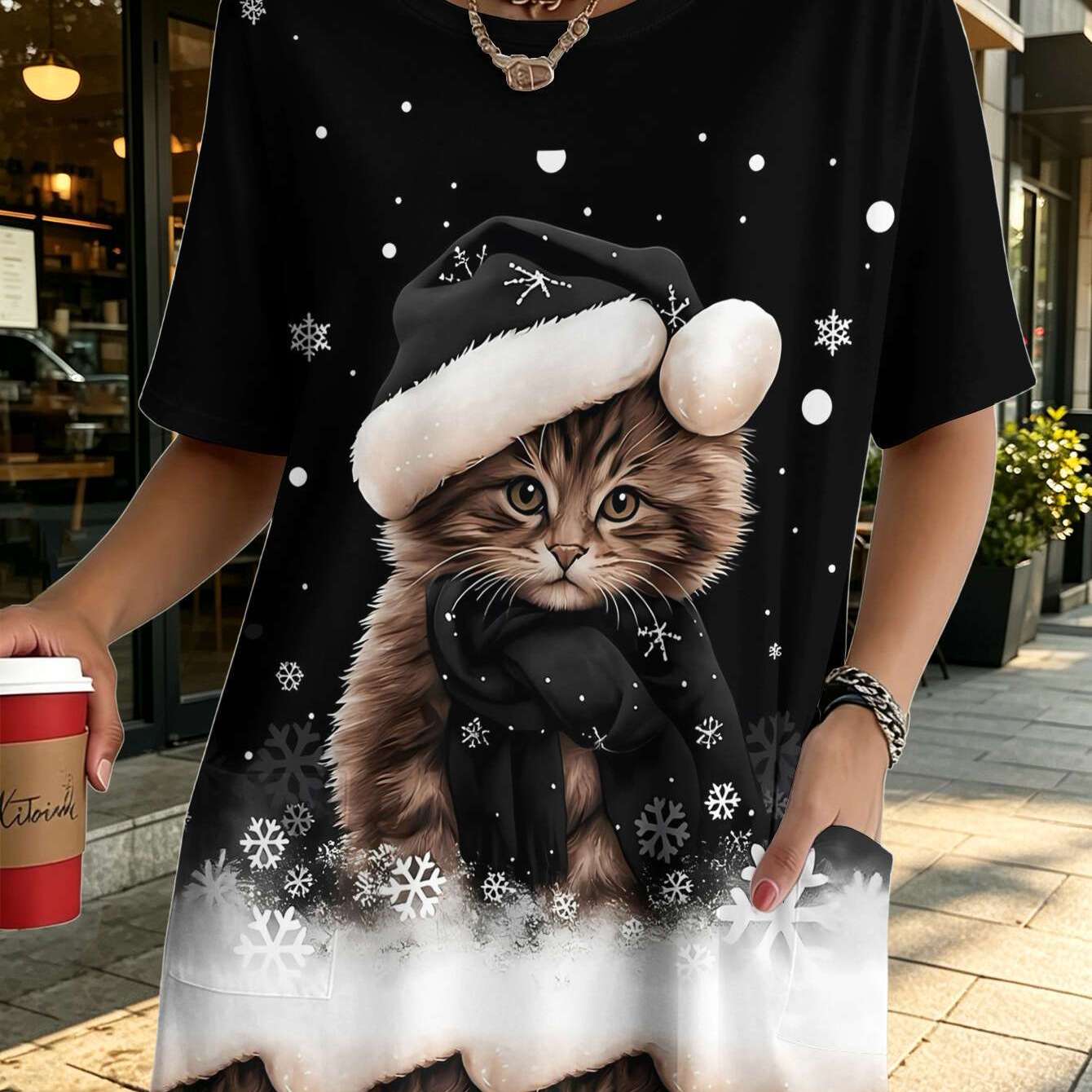 TEMU New Women's Plus Size Pocket T-shirt, "cats In A With Hooded Scarves" Cute Cat Print, Women's Top, Round Neck, Side