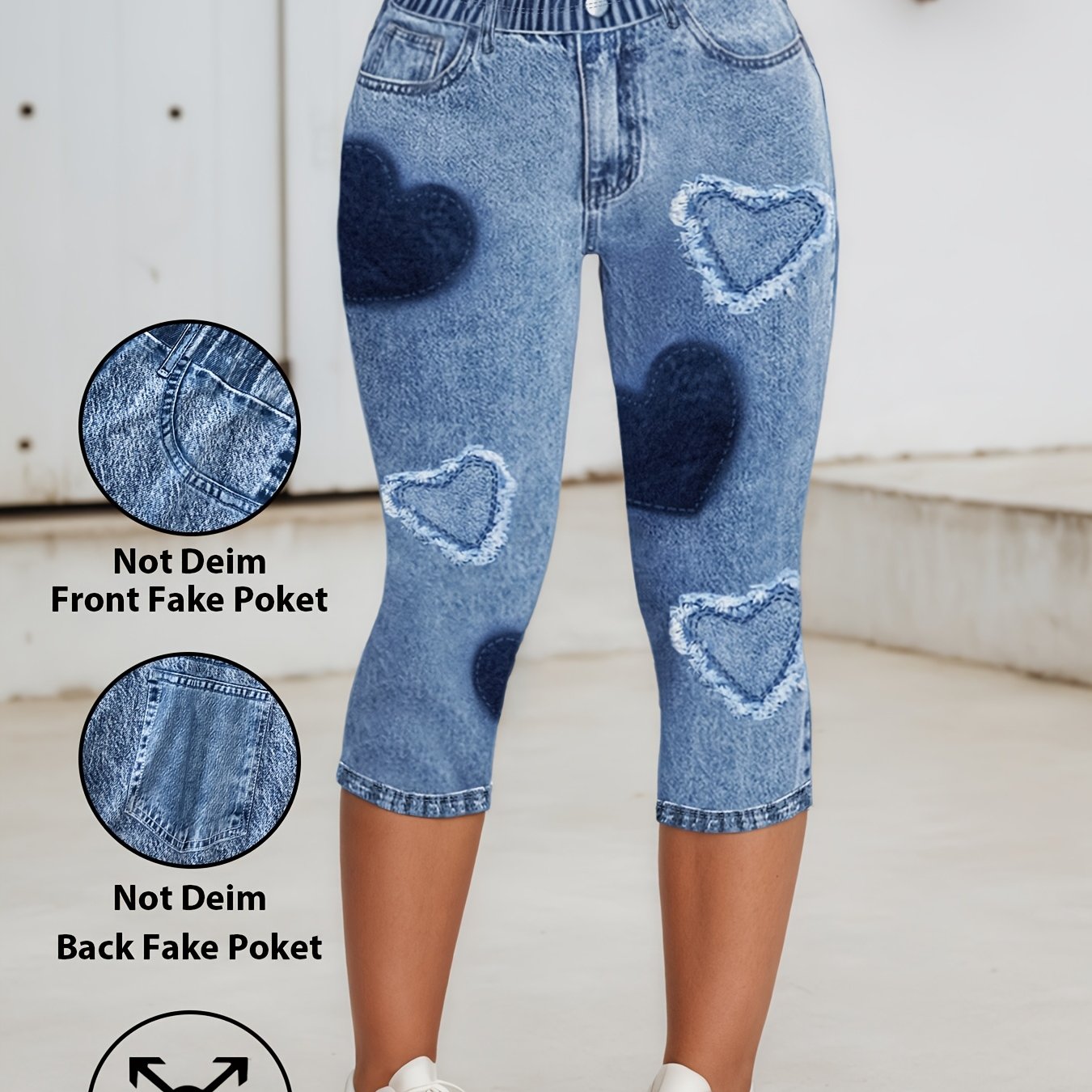 E-shop [Bedruckte Hosen - Kein Jeans-Optik] Damen Plus Size Freizeit Bedruckte Skinny Capri Hosen - Individueller Herzdruck, Vollständiger Druck im