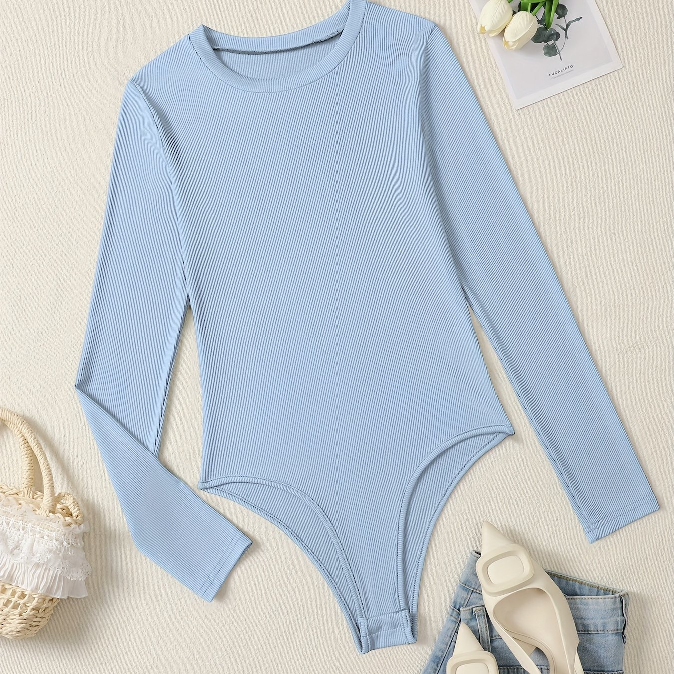 TEMU Ins- Ribbed Bodysuit, Solid Color Long Sleeve Bodycon Base Layer, Versatile Hot Top For Spring And Autumn