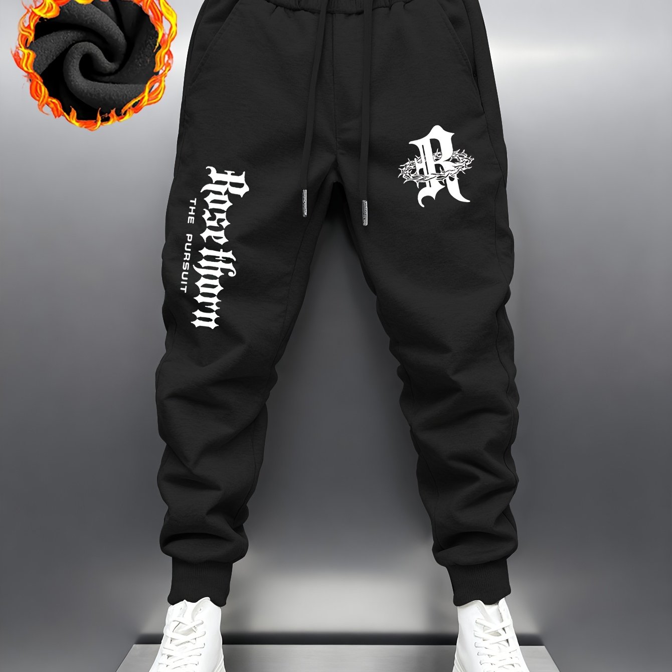TEMU Men's Fashion Thick Long Pants | "rose H" And "" Text Print, Fleece-lined Warm, Style, Ideal For Autumn And Winter, Perfect Gift For Men