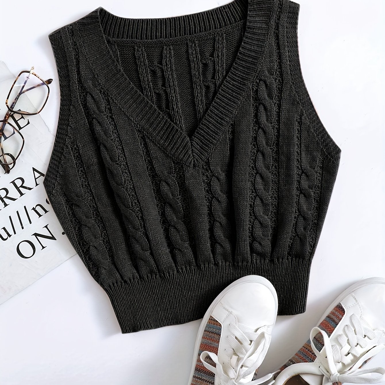 TEMU Chic V-neck Knit Sweater Vest For Women - Sexy, Solid Color, With Cable Knit Pattern, Layering Or Wear Alone