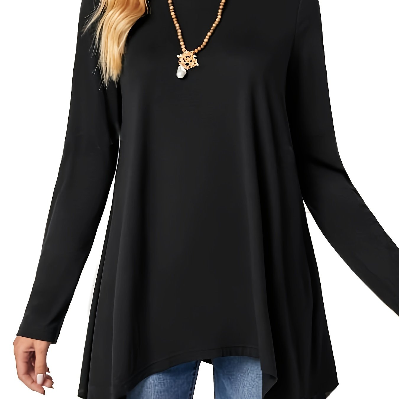 Image of Women'-piece Autumn Winter Style Round Neck Long Sleeve Curved Hem Mid-length Top T-shirt, Fall Winter Warm Casual Loose Top