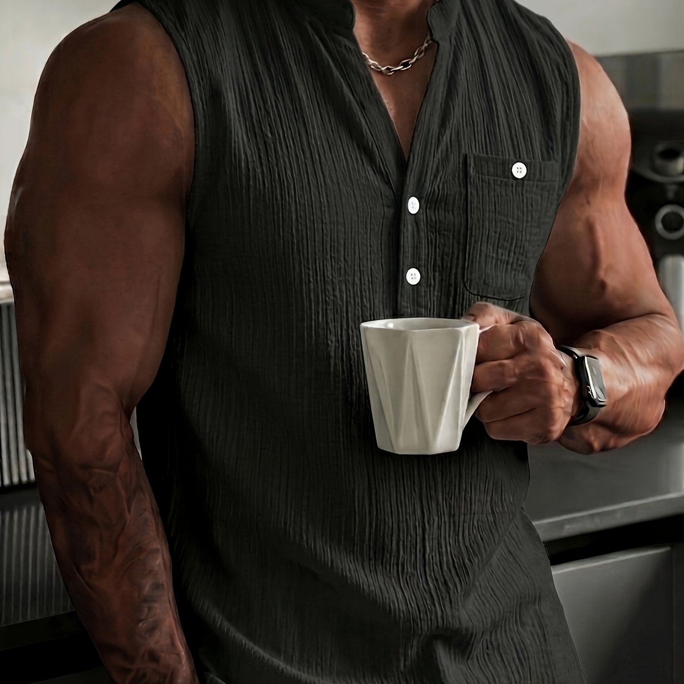 TEMU [ OBM] Camiseta Henley sin para Hombre, Nueva Colección 2026, , Transpirable y Casual - Chaleco Casual y de Negocios con Cuello Abotonado, para