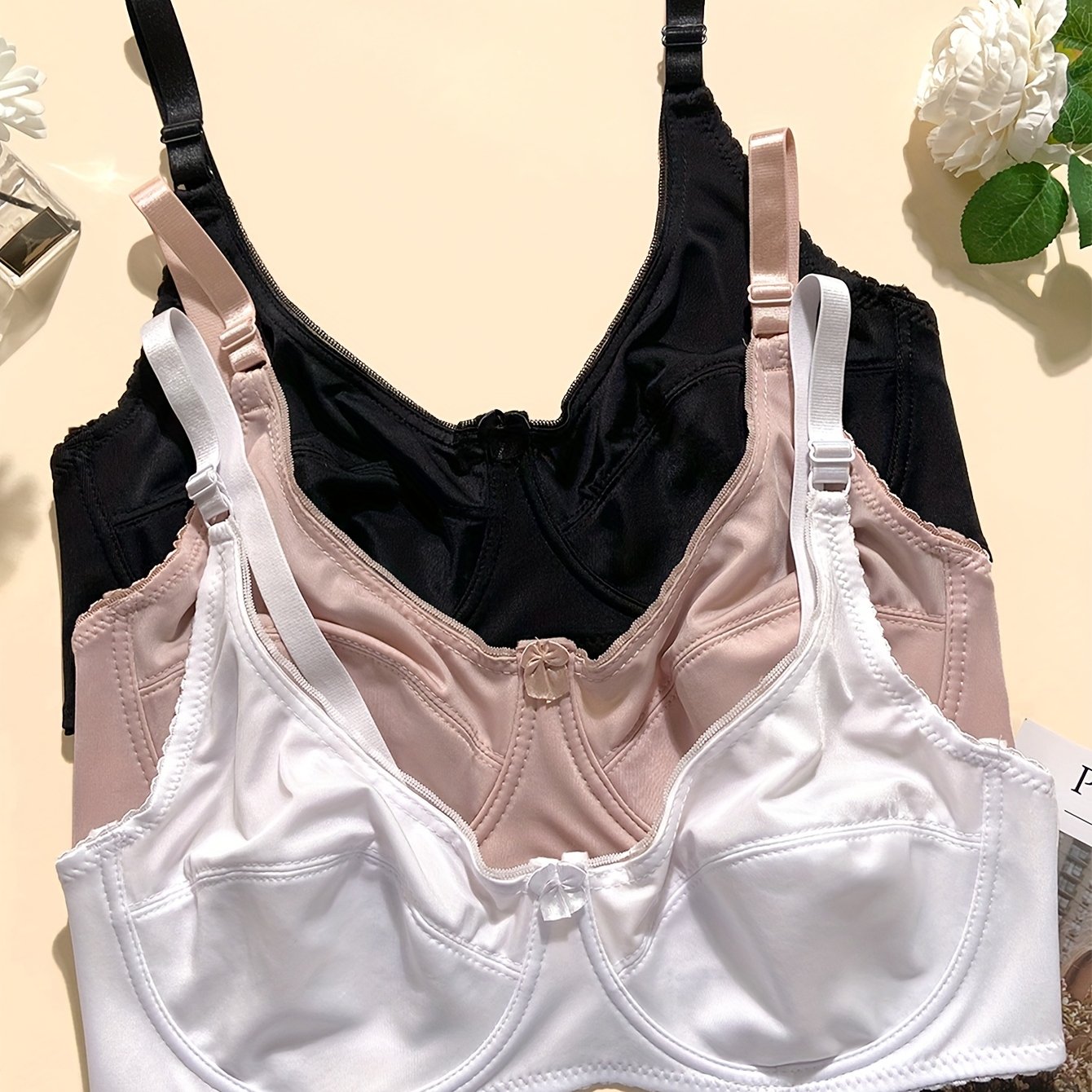 E-shop 3er-Pack Damen-BH in Übergröße mit dünnem, glattem Finish, verstellbaren Trägern, Bügel, für Straffung Formgebung mit Vorderverschluss
