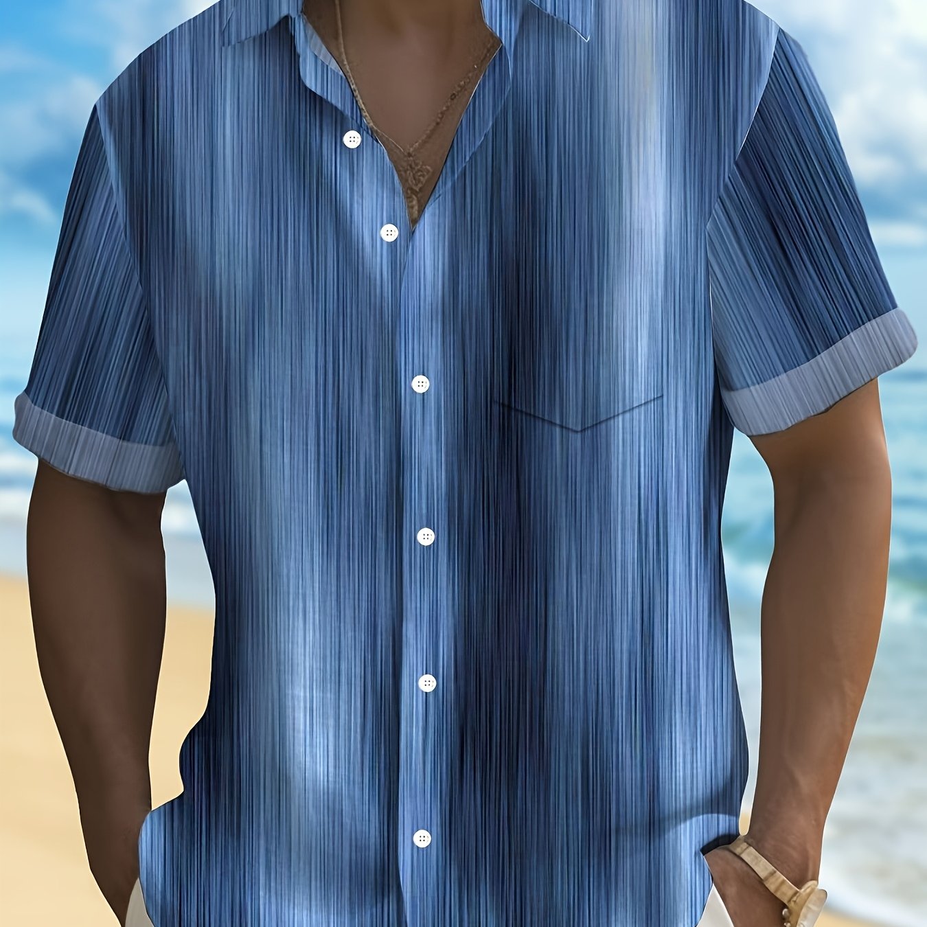 Retro Gradient Striped Print Men's Button-pocket Short Sleeve Shirt