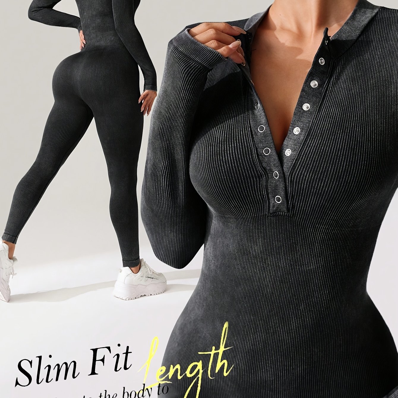 TEMU Ribbed Matte Long-sleeved Slim-fit Jumpsuit, Waist- And Abdomen-shaping Women's Yoga Suit, High-elasticity Comfortable Body Shaping Clothing