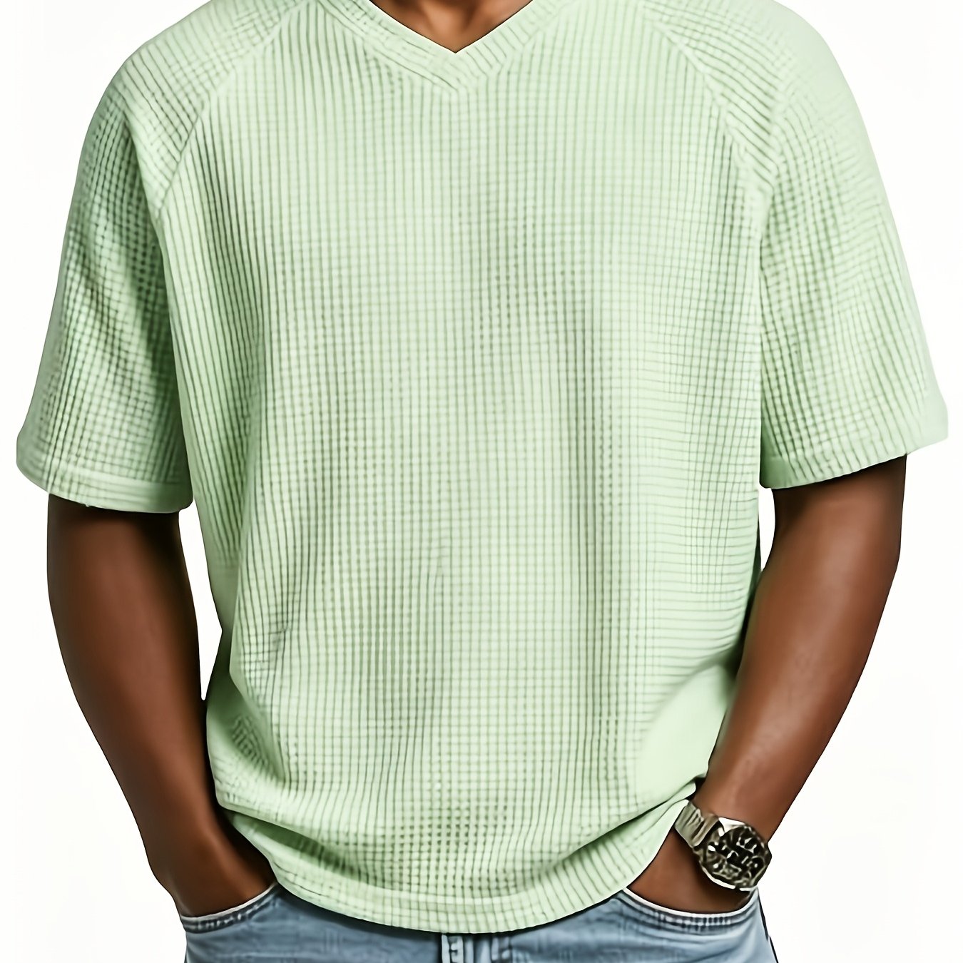 TEMU Men's Fashionable Waffle Knit Shoulder Sleeve Collar Crew Neck Shirt, Men's Short Sleeve T-shirt, Stylish And Attractive