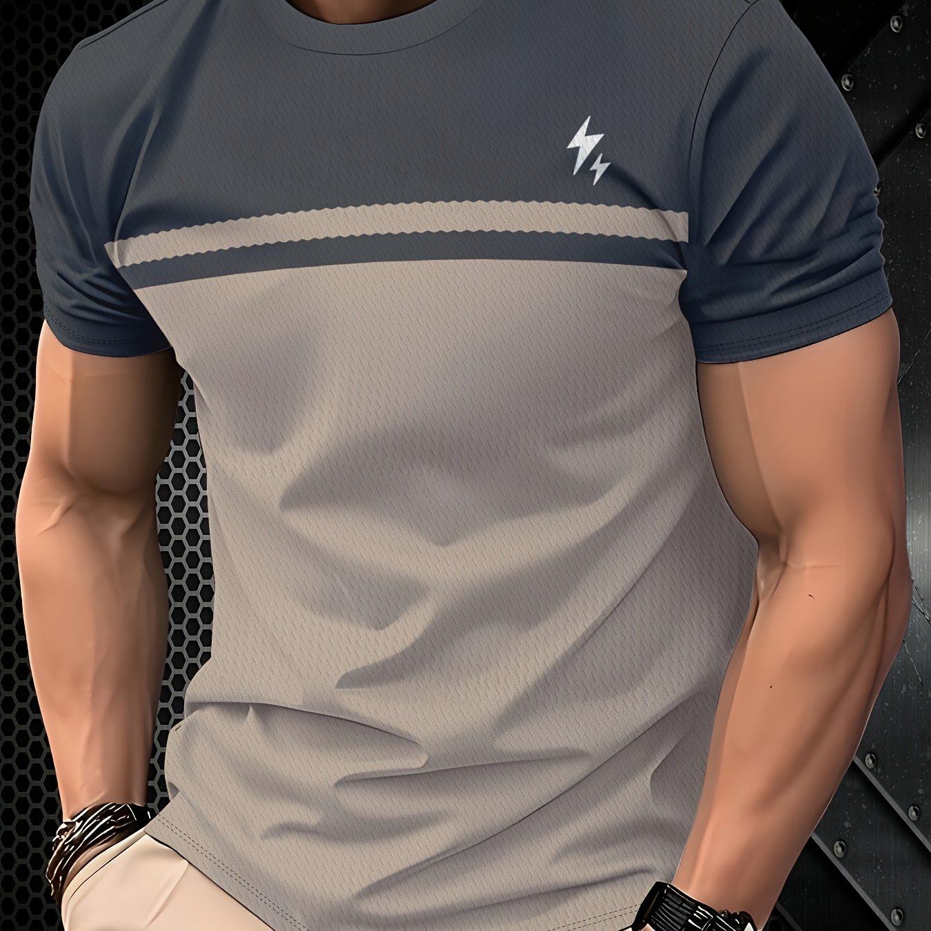 TEMU Herren-T-Shirt mit 3D-Druck Blitzgrafik - Lebhaftes Oranges & Schwarzes Streifendesign, Atmungsaktives Feuchtigkeitsableitendes Gewebe, Reguläre
