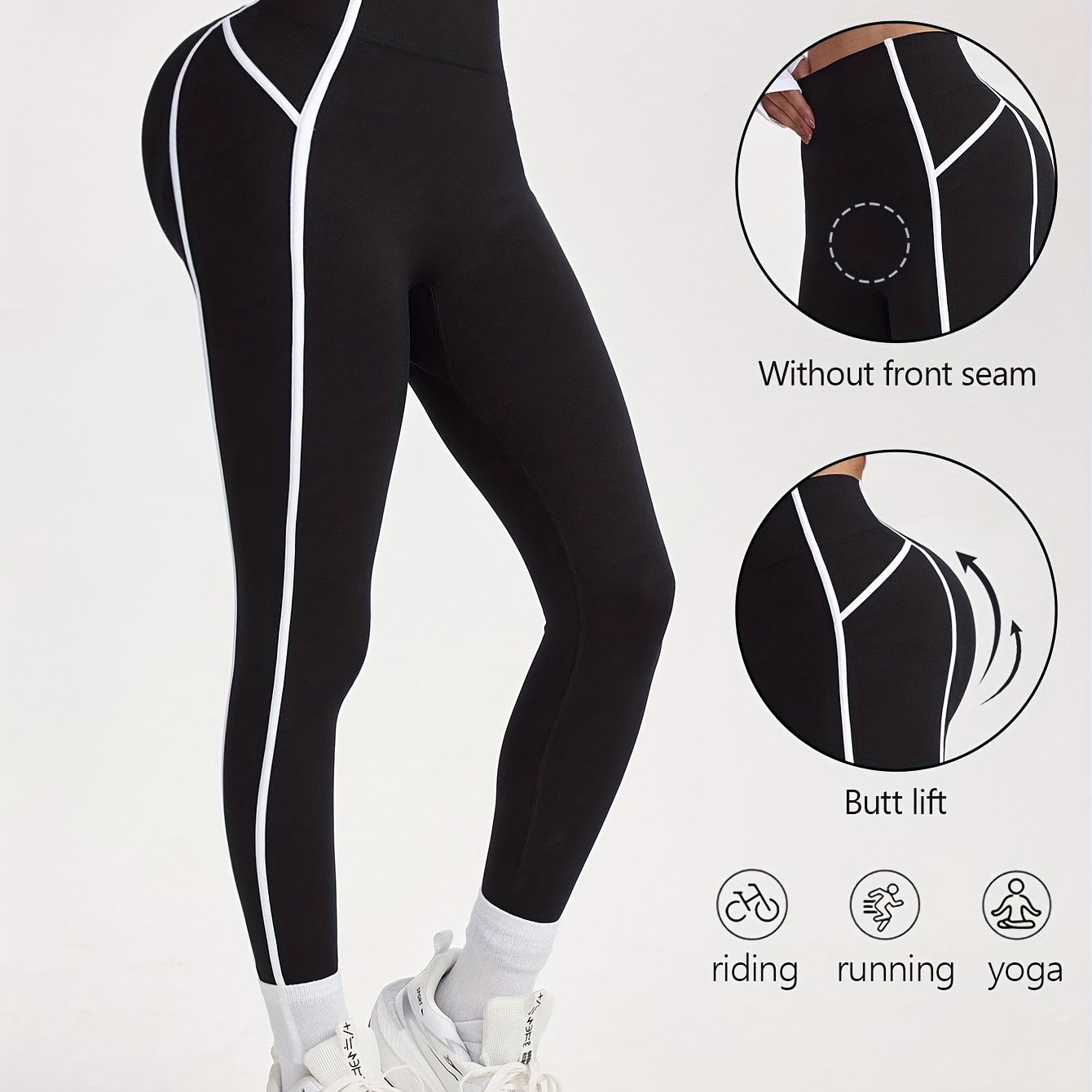 TEMU Women's Yoga Pants, Autumn Winter Elastic Tummy Control Side Stripes Comfortable And Daily Wear Machine Washable Outdoor Sports Base Layer,