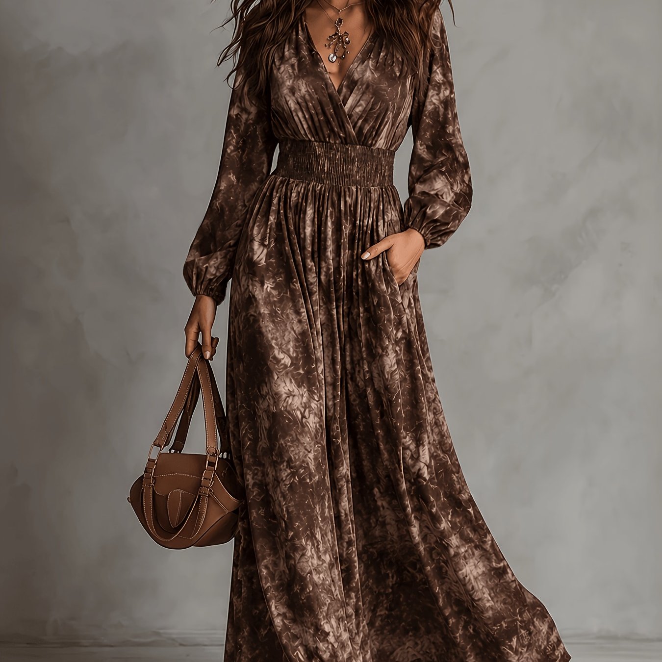 TEMU Deep V Lantern Sleeve Loose Fit Vacation Vibe Long Dress