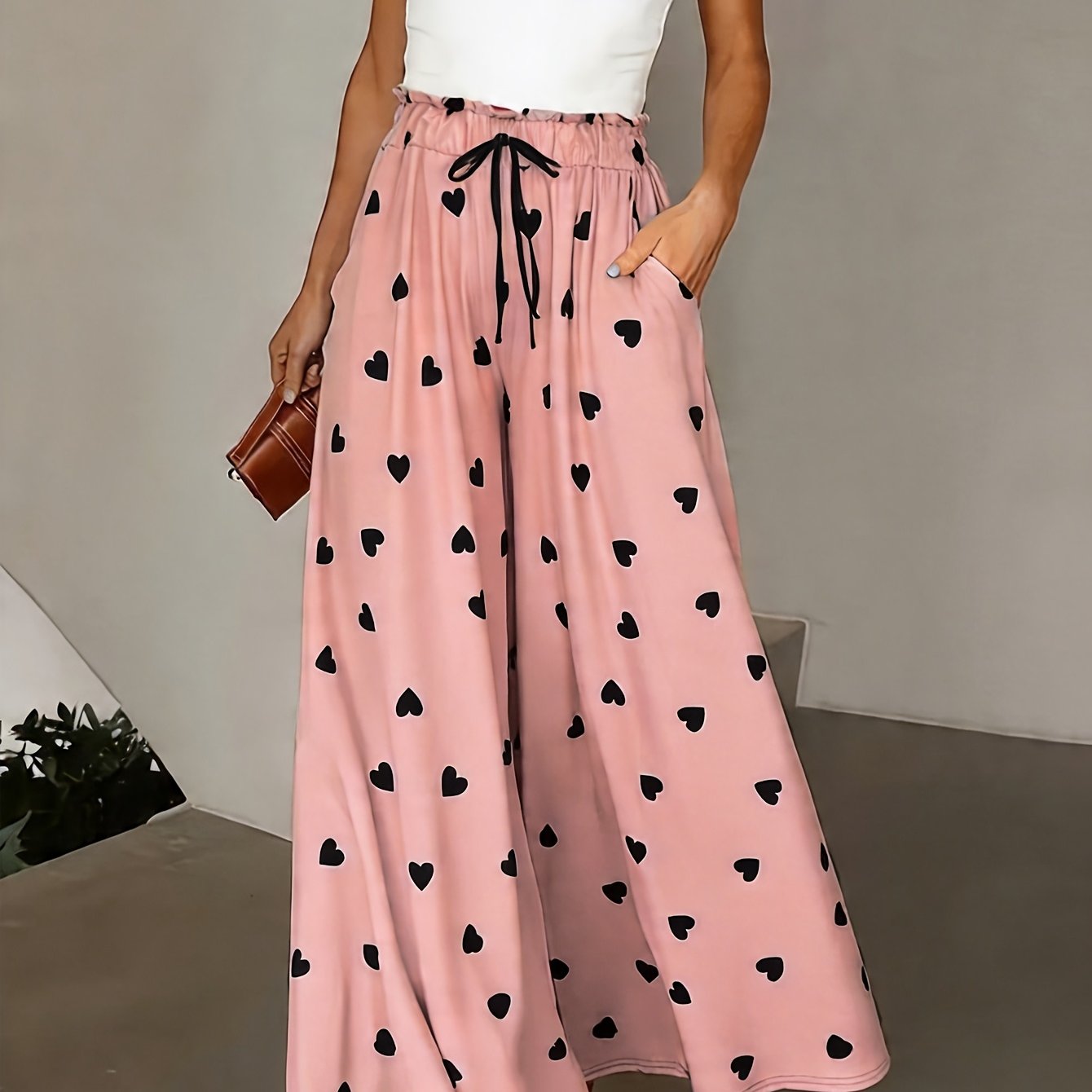 TEMU [valentine's Day] /love Print Wide-leg Pants, High-waist Elastic Waistband, Decorative Drawstring Detail Design, Sexy And Sweet Outfit, Casual