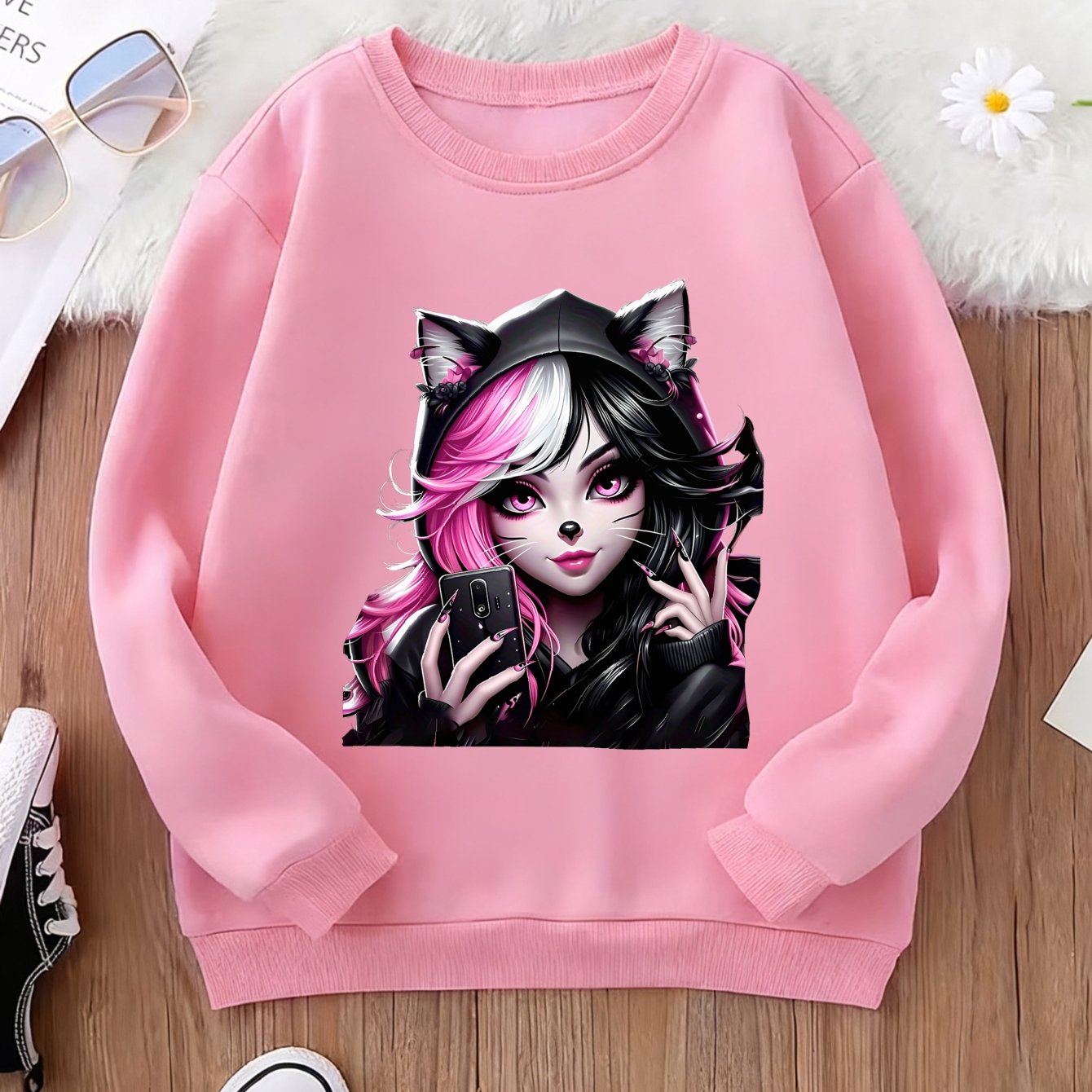 Image of New Sweatshirt Cute Cat Girl Selfie Theme Trendy Print Sweatshirt Soft Crewneck Sweatshirt Terry Fleece Thickened Round Neck Sweatshirt Autumn Winter Daily Wear School Outdoor Play Gift For Kids