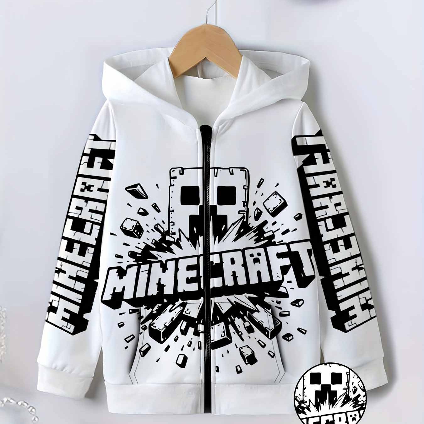 Image of Cool Black And White Background Boys' Pixel Adventure Game Style Hooded Zip-up Sweatshirt With Pixel Game Character Graffiti Print And Unique Sleeve Text Print Design, Kids' Casual Trendy Outerwear