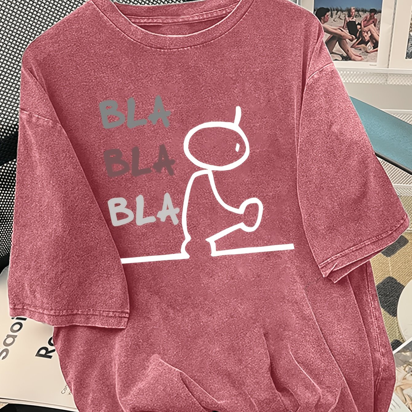 Image of Plus Size, Plus-size Bla Print Crew Neck Short-sleeved T-shirt, Retro Style, Casual Washed Everyday T-shirt.