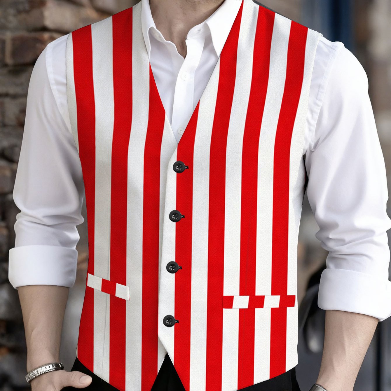 TEMU Standard Size Men's Printed Suit Vest, Versatile Regular Fit Formal Waistcoat For Men, Red And White Striped Pattern Image, New Fashionable