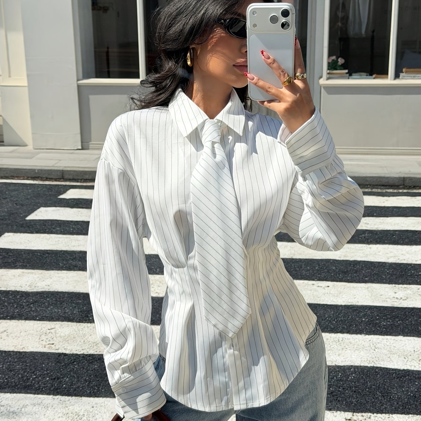 TEMU Women's Fine Pinstripe Lapel Collar Shirt With A Bow Tie And Long Sleeves, Ideal For Workplace Settings Or Formal Everyday Wear—long Sleeve