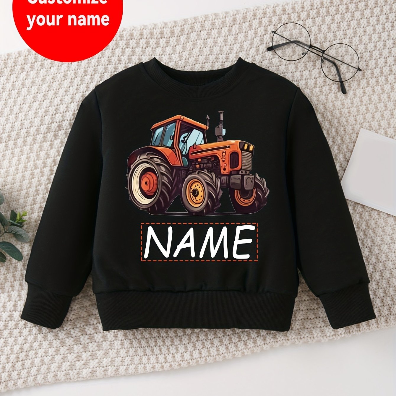 TEMU Customized Product Boys' No Hat Hood Sweatshirt Name Customization And Tractor Pattern Printed Casual And Fashionable Round Neck Top