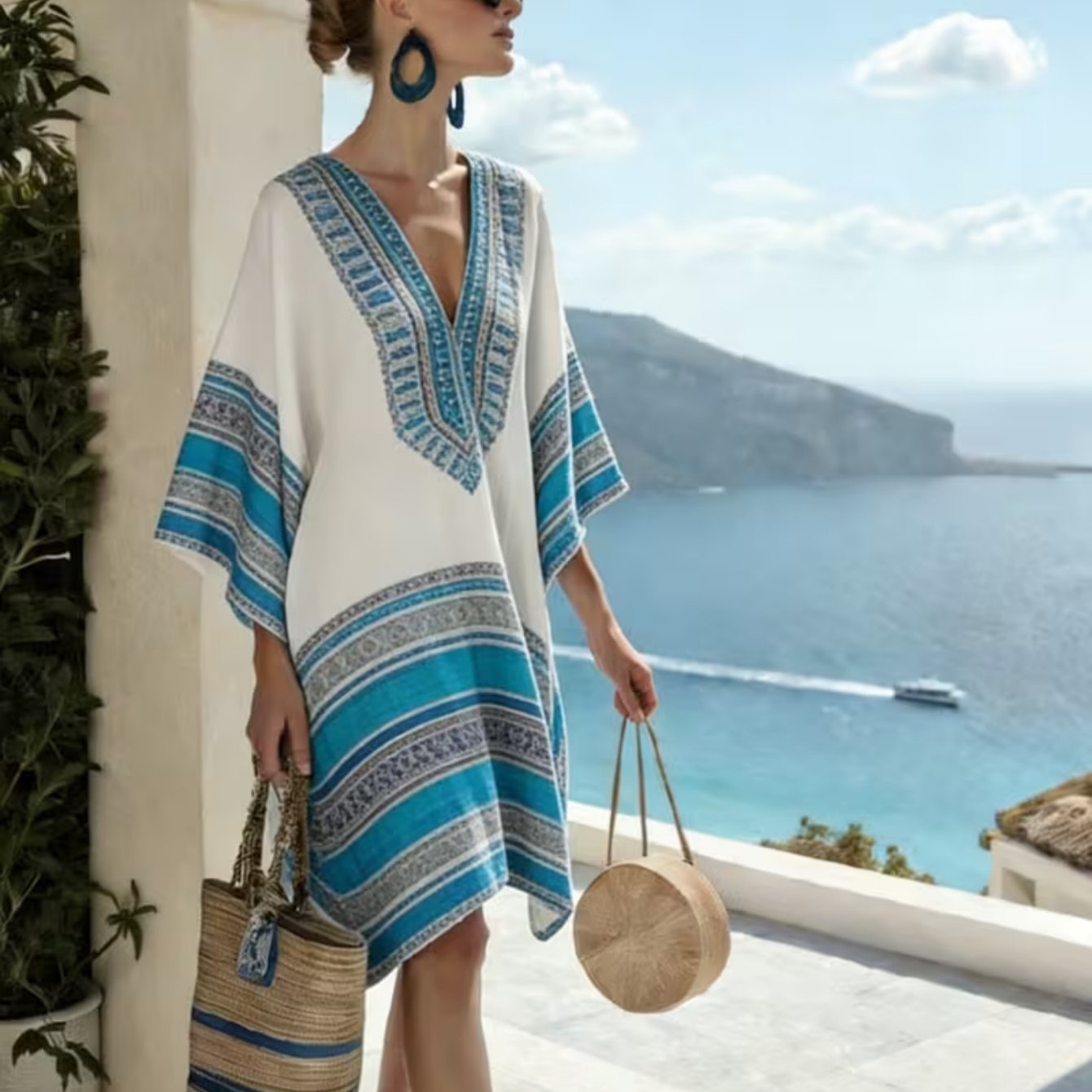 Image of Bohemian Style Women's V-neck Kaftan Dress Featuring A Vintage Ethnic Print In White And , With Batwing Sleeves, Perfect For A Loose And Casual Summer Beach Cover-up