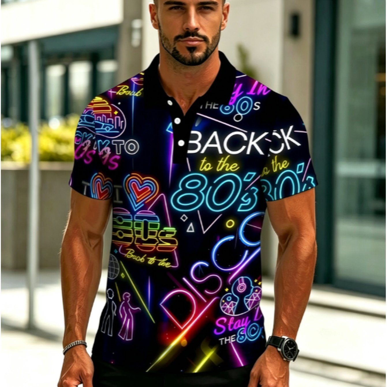 TEMU Printed Design - Non-textured Vintage Party Men's Black Shirt, 80s Print, Nostalgic Style, Summer Regular Fit, Prom Outfit Wrinkle-resistant